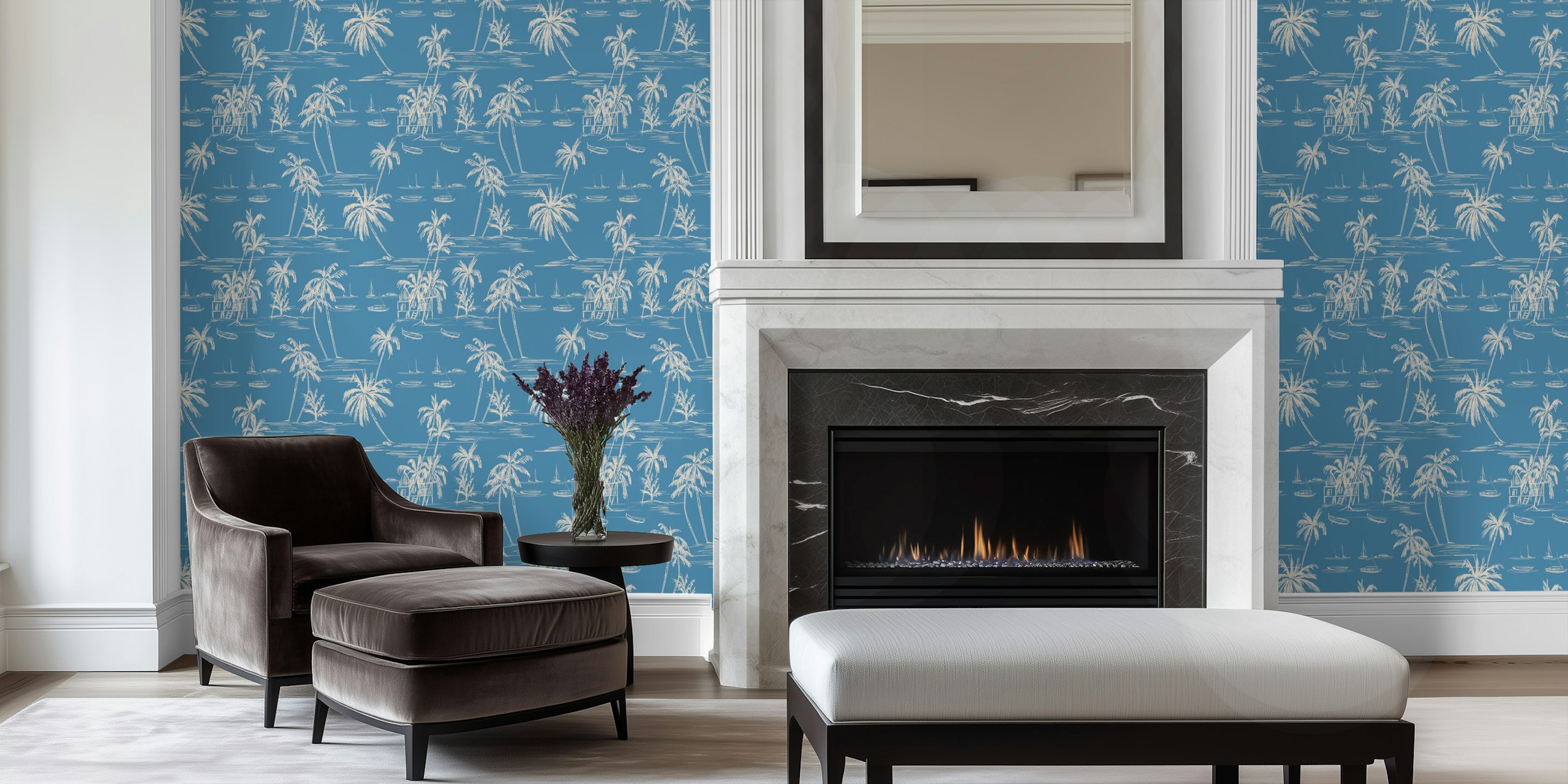 Blue beach landscape wallpaper in a room
