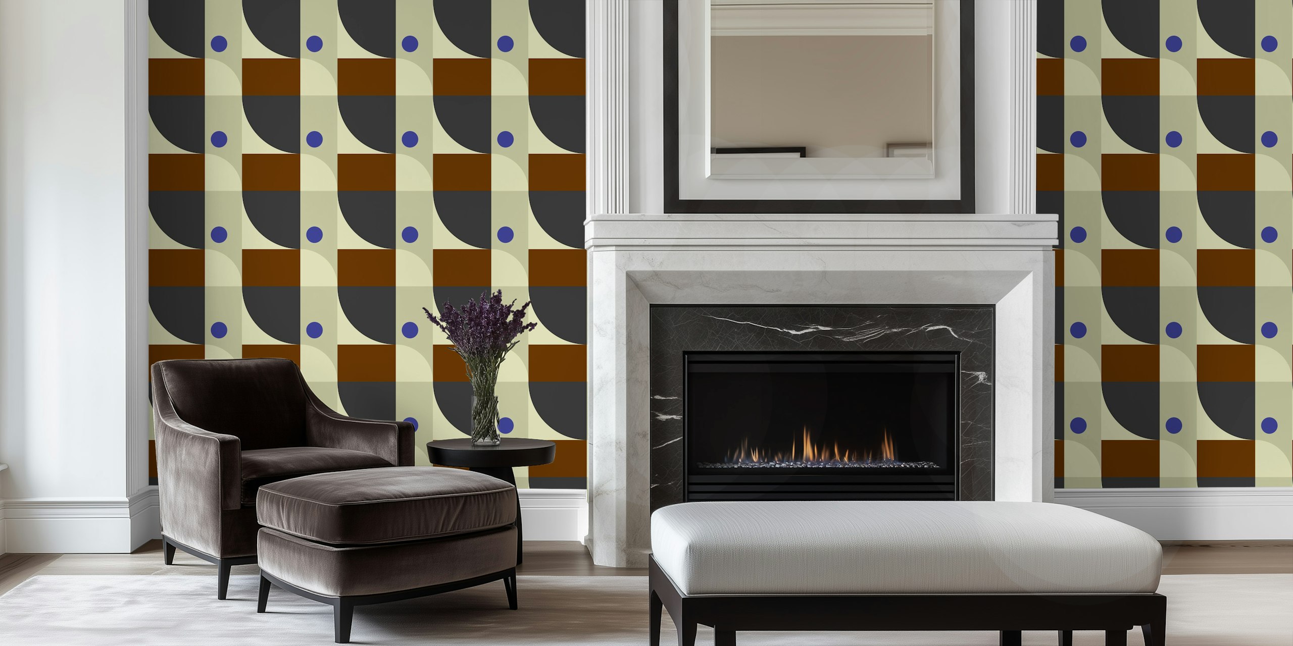 Wandbild mit abstrakten geometrischen Formen in Creme-, Marineblau- und warmen Erdtönen