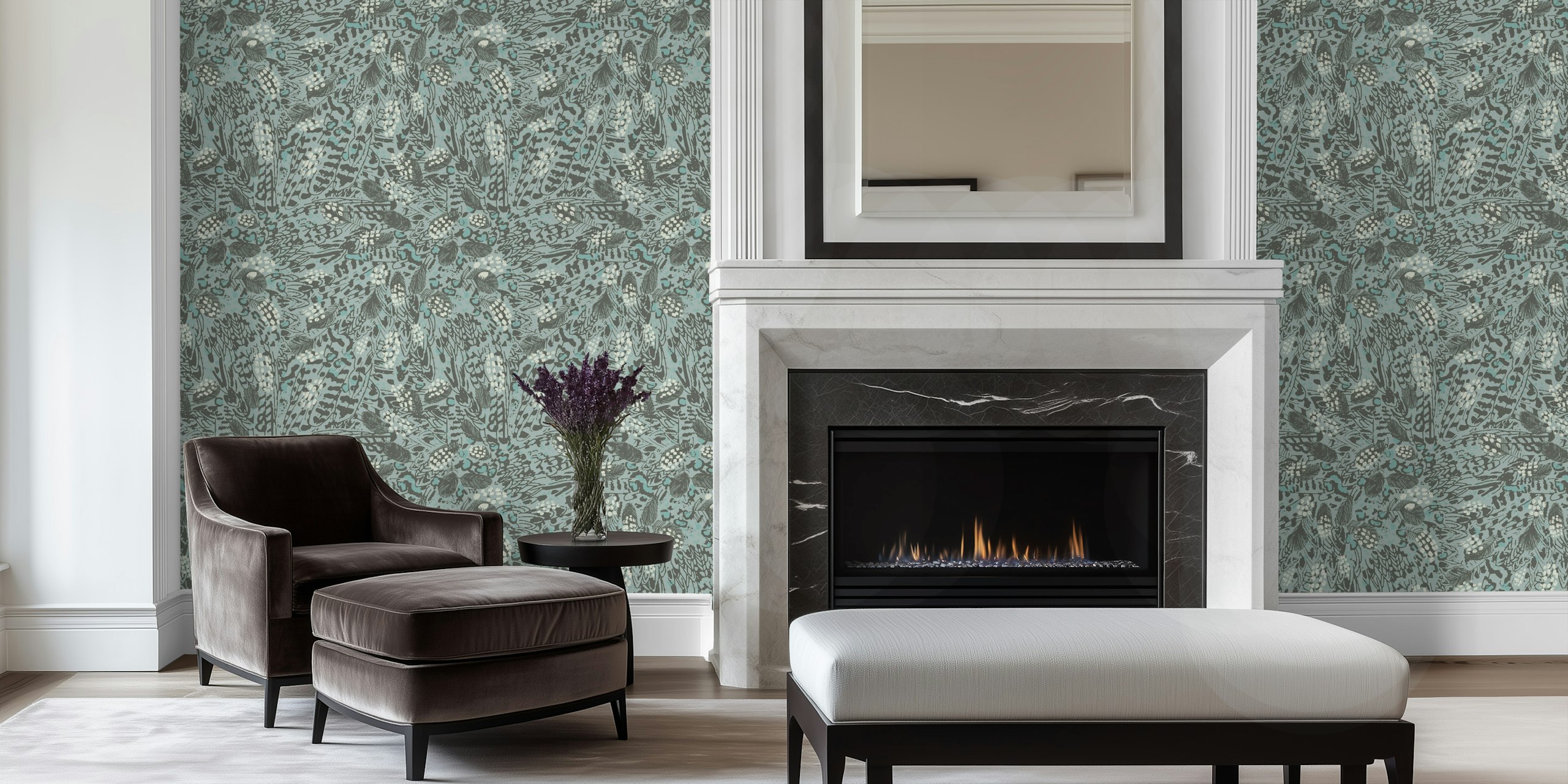 Neutral blue animal print wallpaper featuring abstract patterns.