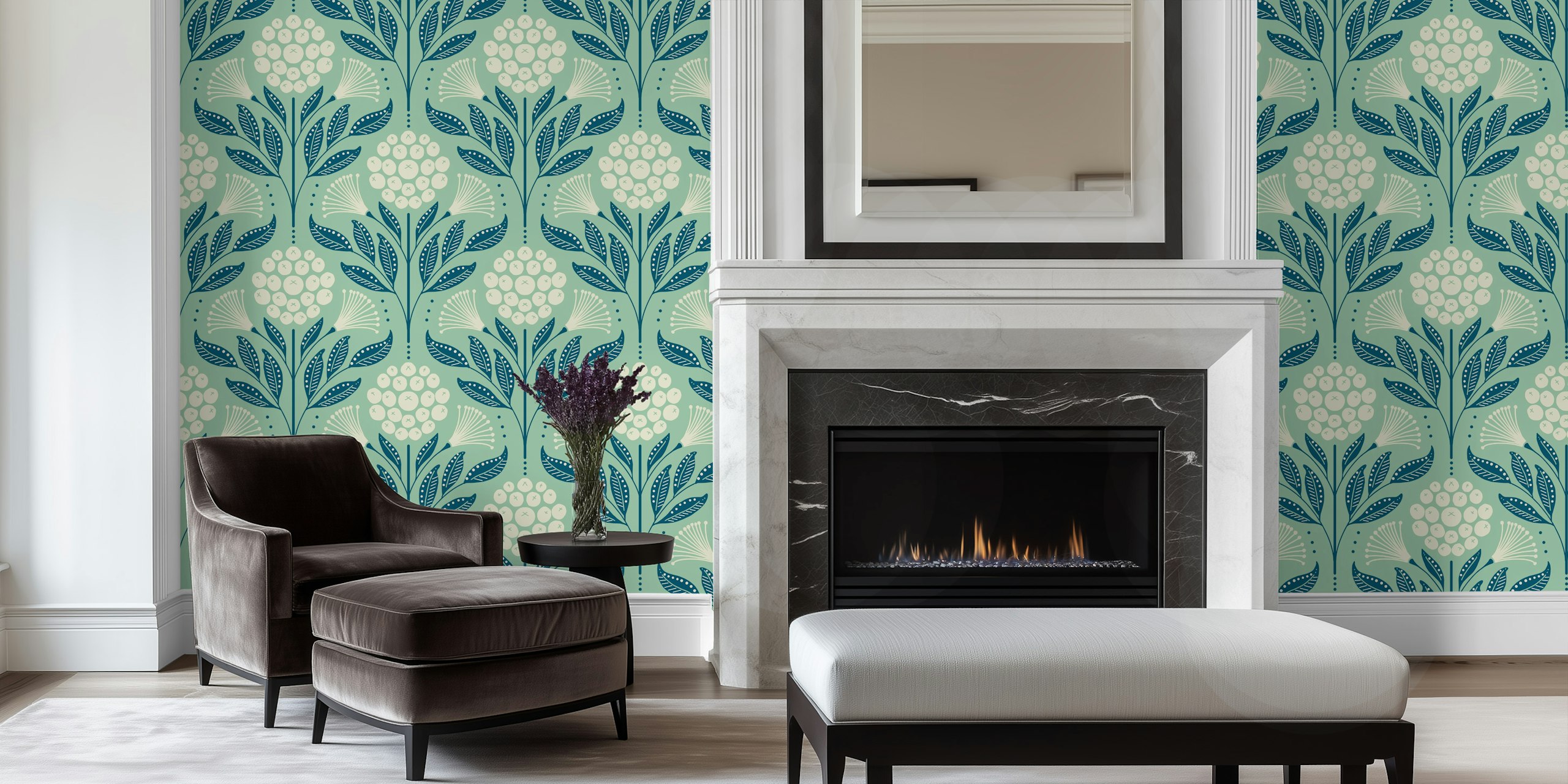 Botanical Bliss Damask wallpaper in a room