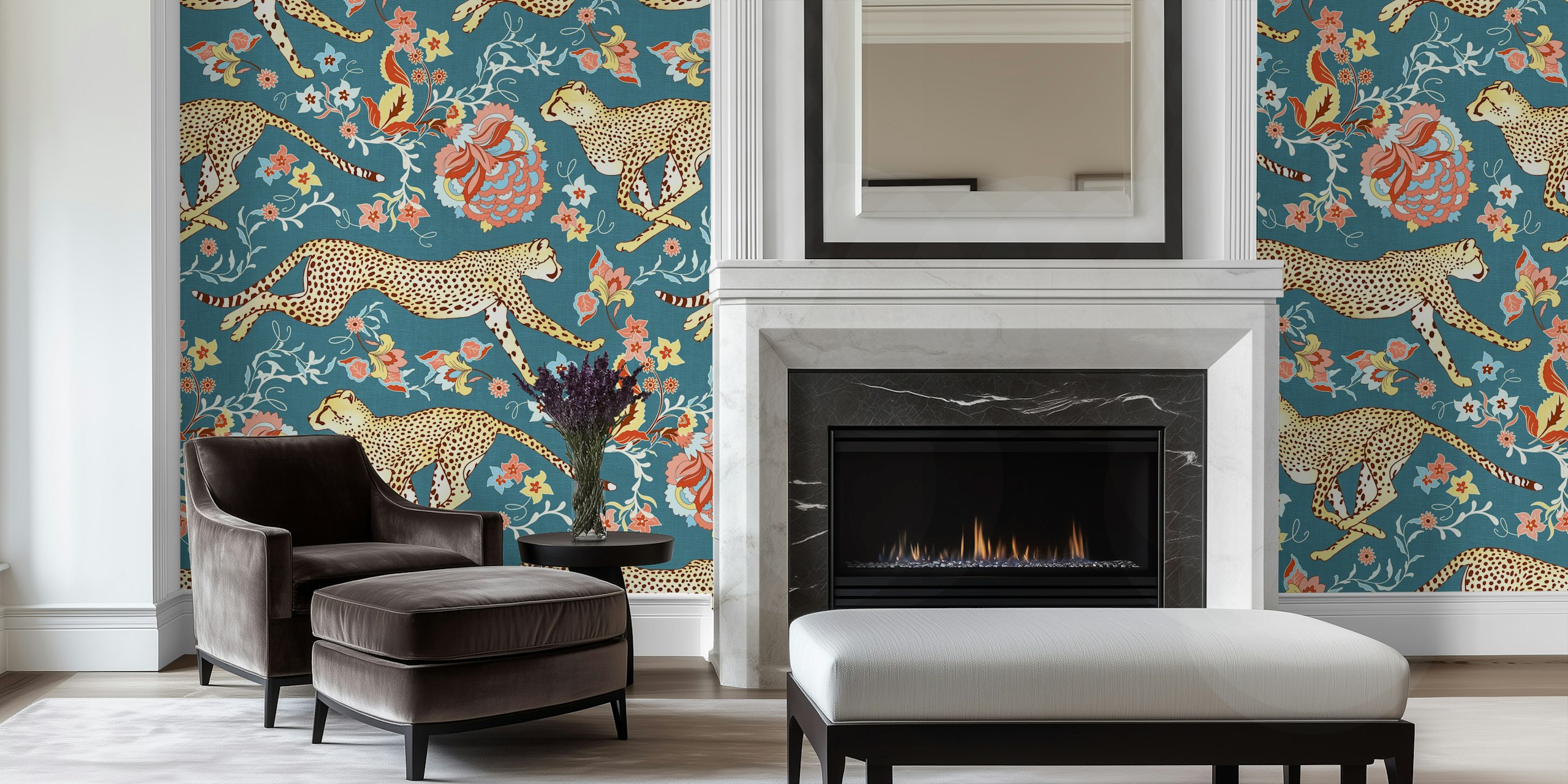 Cheetah patterns with floral motifs in coral pink and teal blue wallpaper