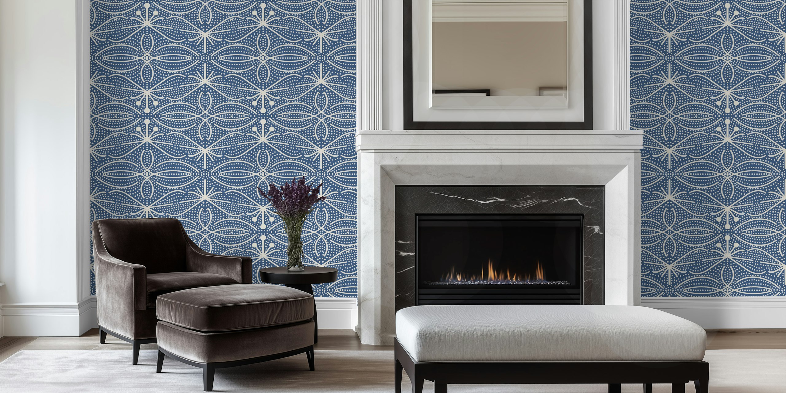 Blue floral pattern with white accents on wallpaper