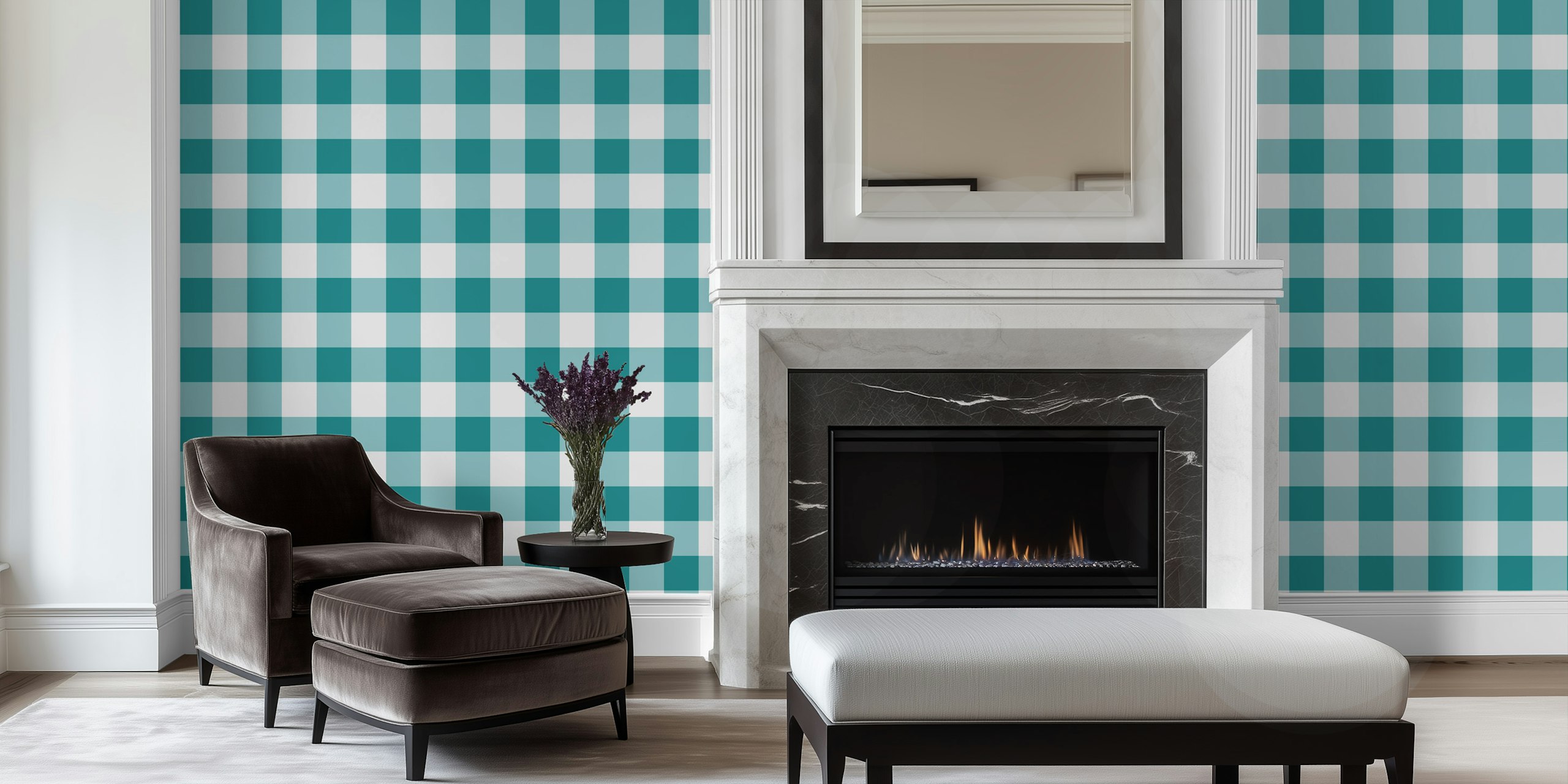 Gingham teal wallpaper in a stylish room