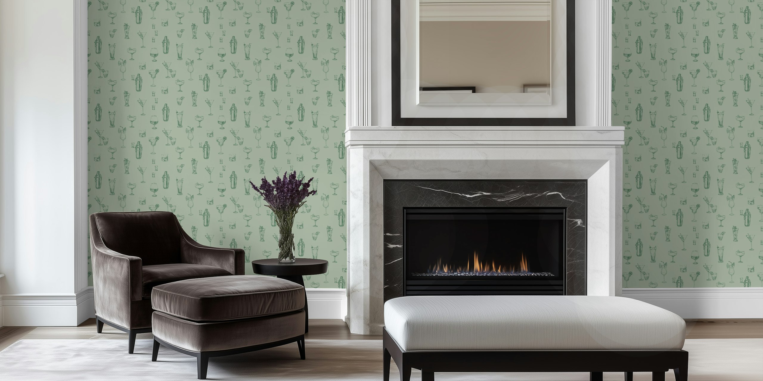 Cocktail glasses and shaker illustrations in green on light background wallpaper