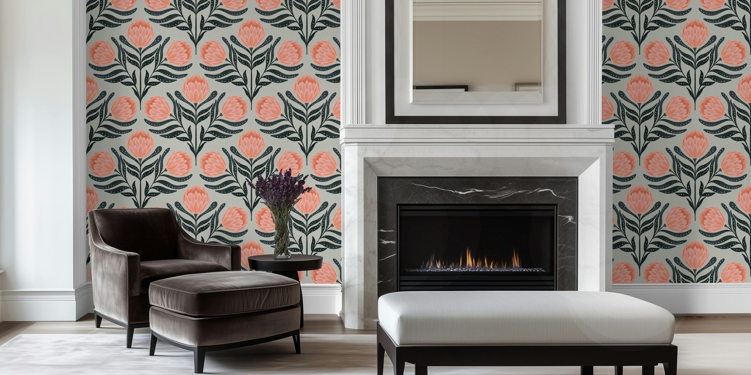 Papel tapiz Protea Sage aplicado en una habitación elegante