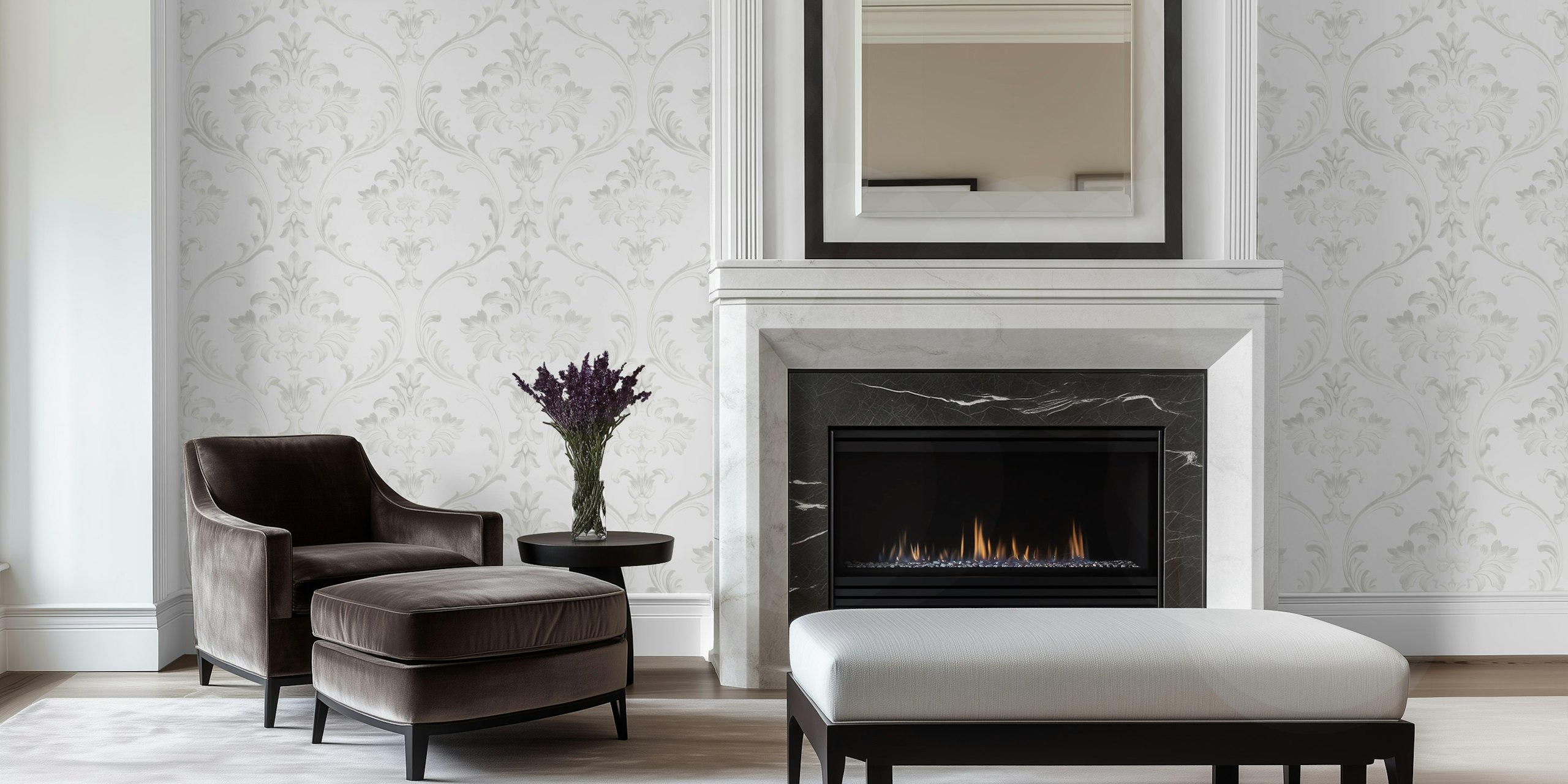 Victorian damask pattern in white and light gray wallpaper