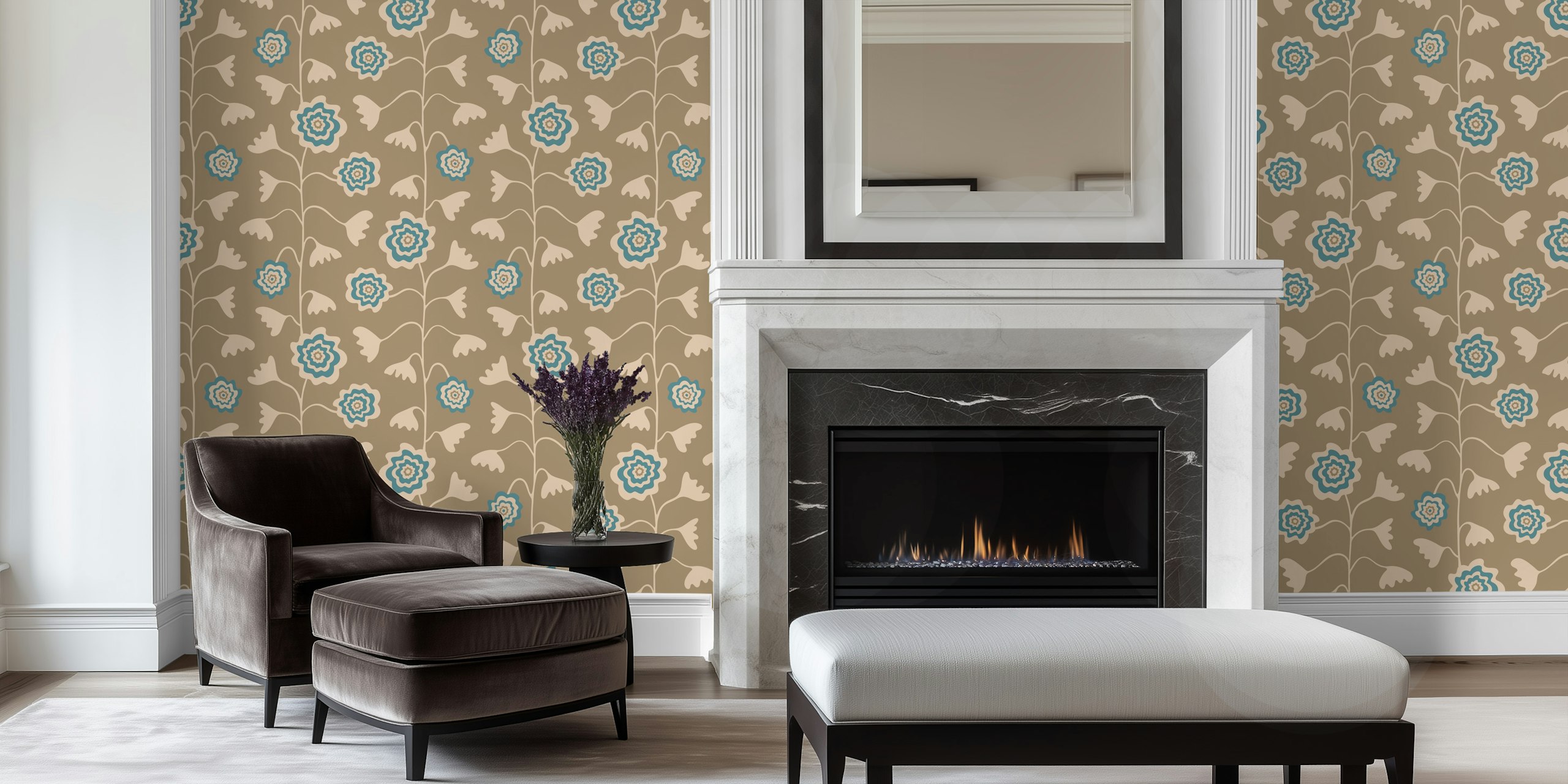 Cream beige floral pattern with blue flowers wallpaper