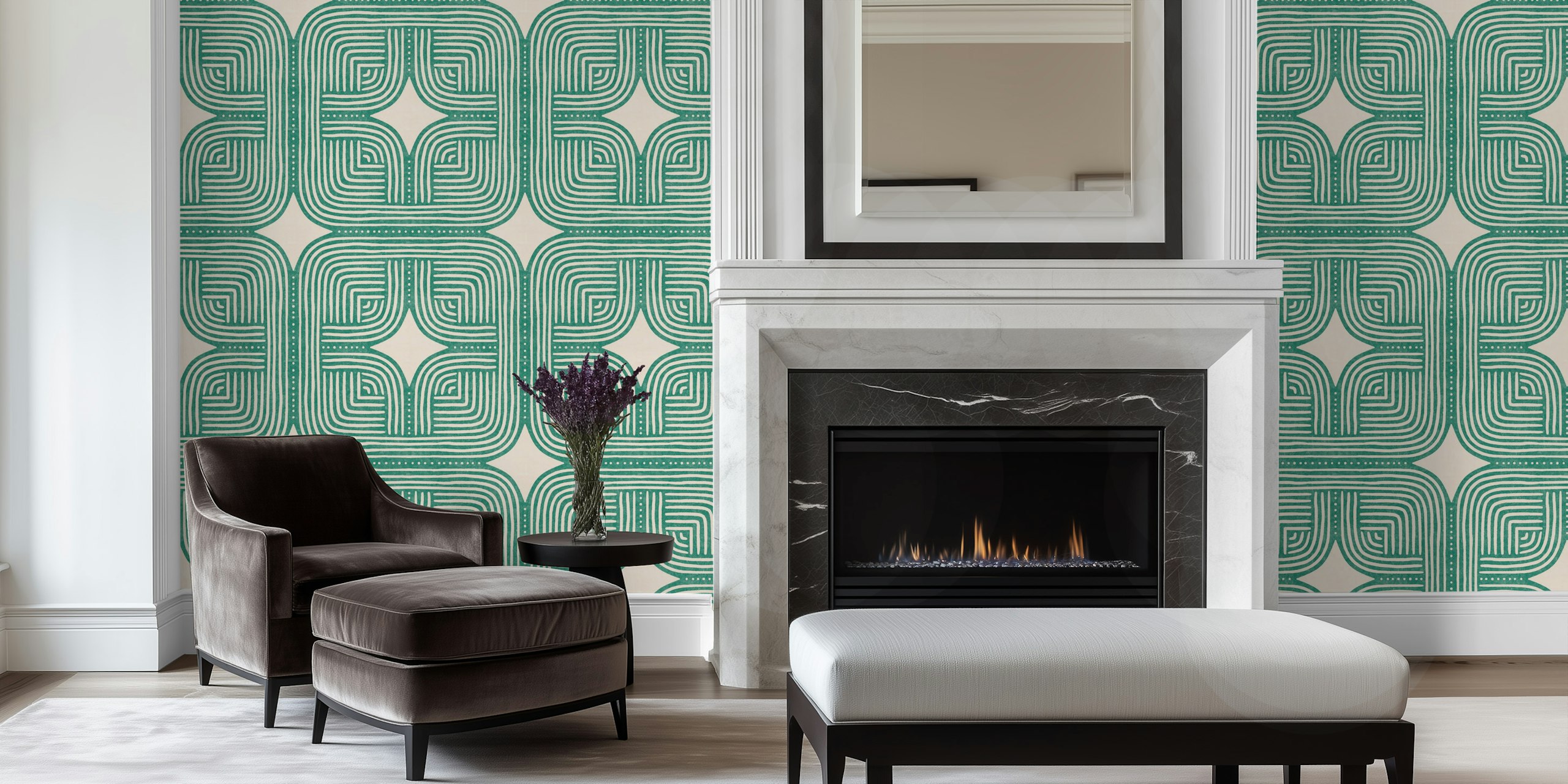 Geometric lines in green and white on beige background wallpaper