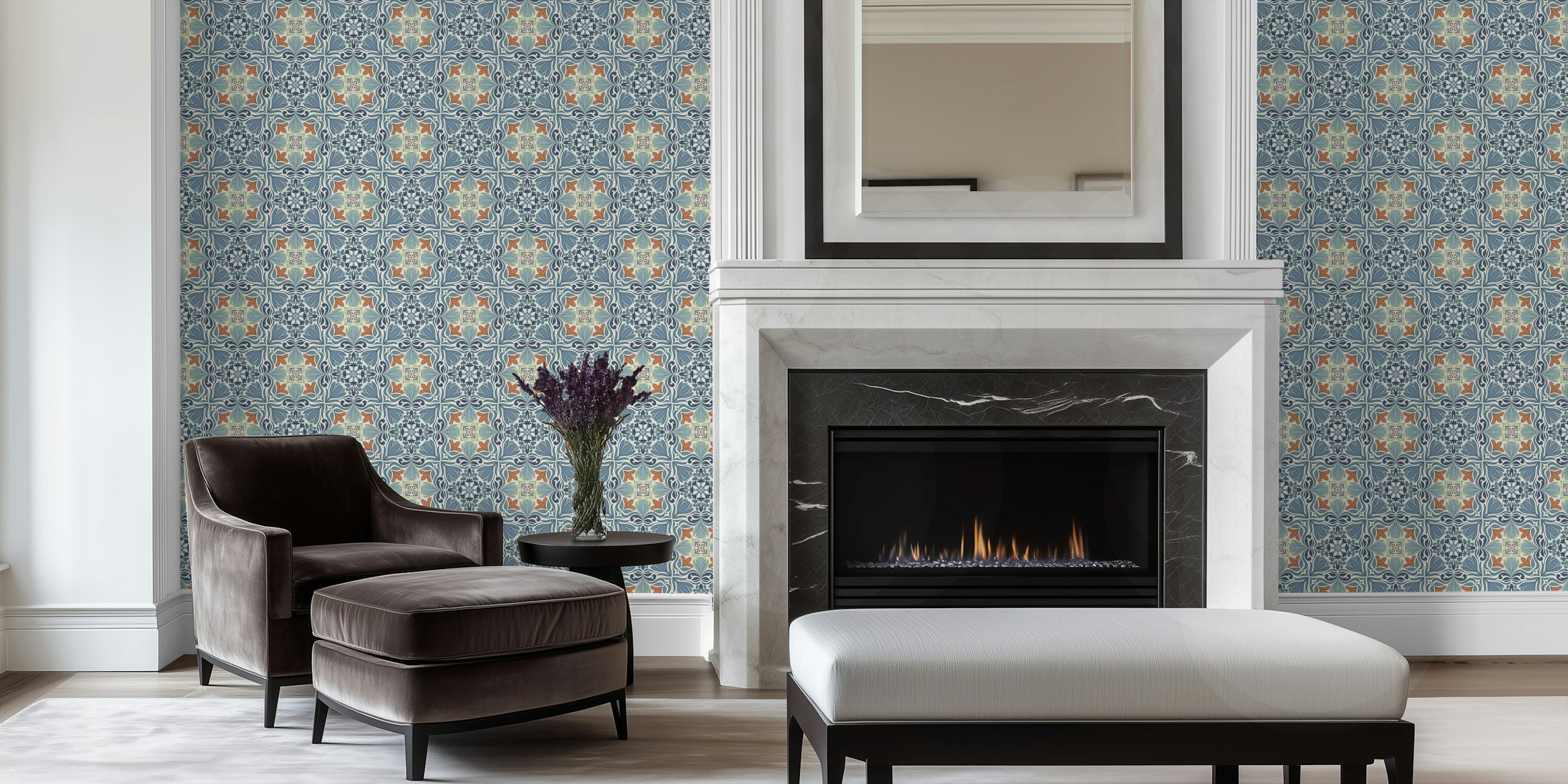 Motif floral en indigo et beige sur fond clair wallpaper