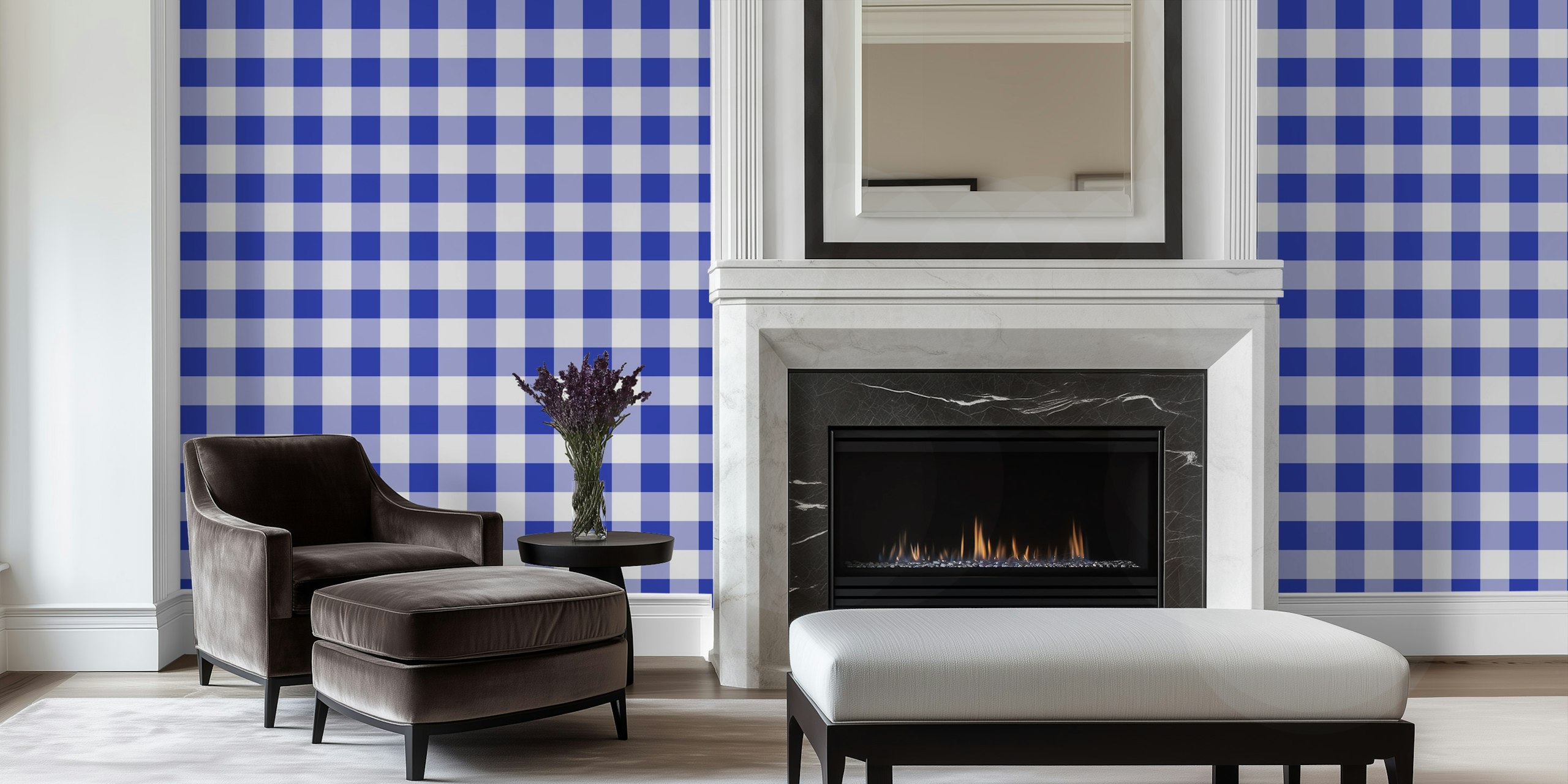 Blue gingham wallpaper in a room