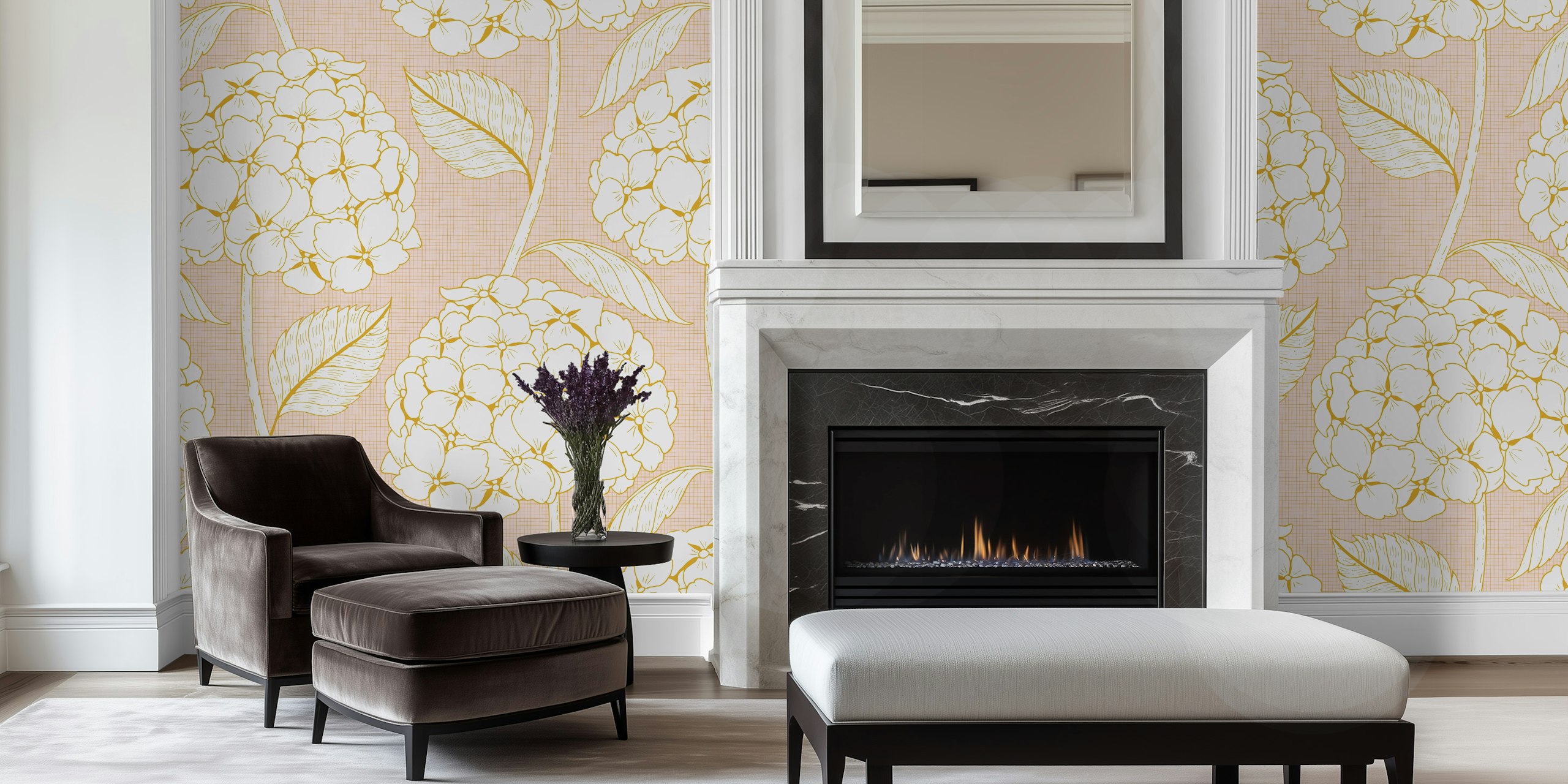 Floral hydrangea pattern in pastel pink and gold wallpaper