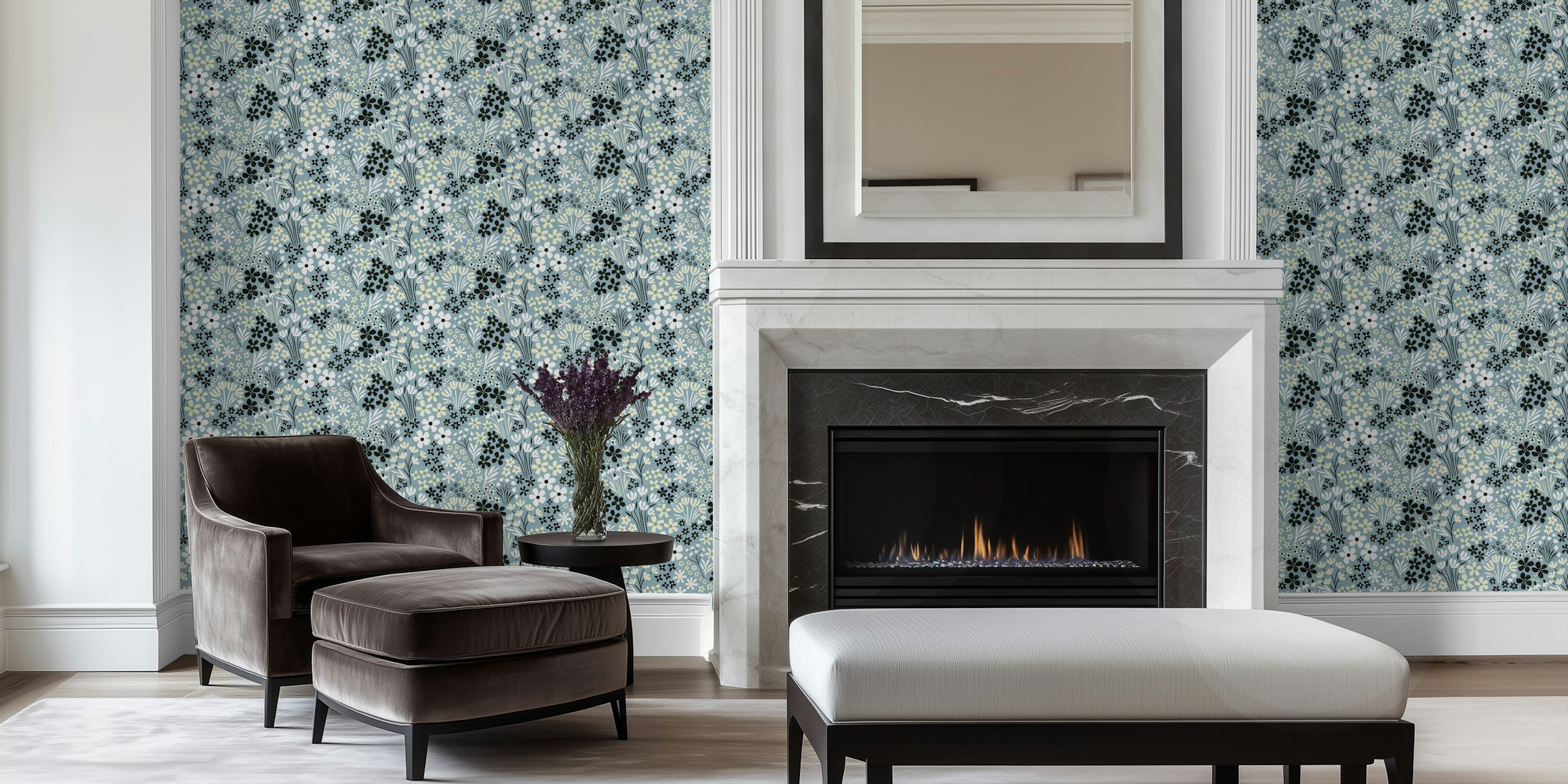 Tobias blue floral wallpaper in a room