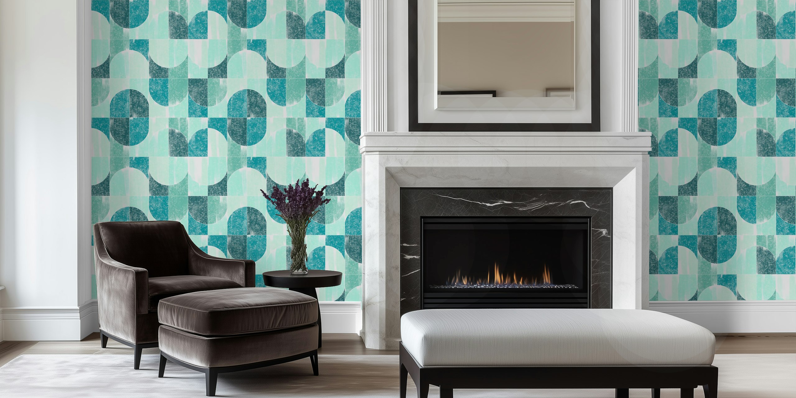 Geometric blue and teal patterns in a sponge painting style wallpaper