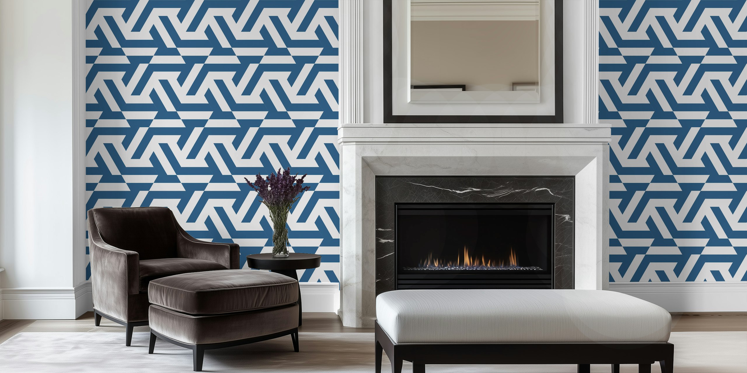 Navy blue hexagon tile wallpaper dans une pièce