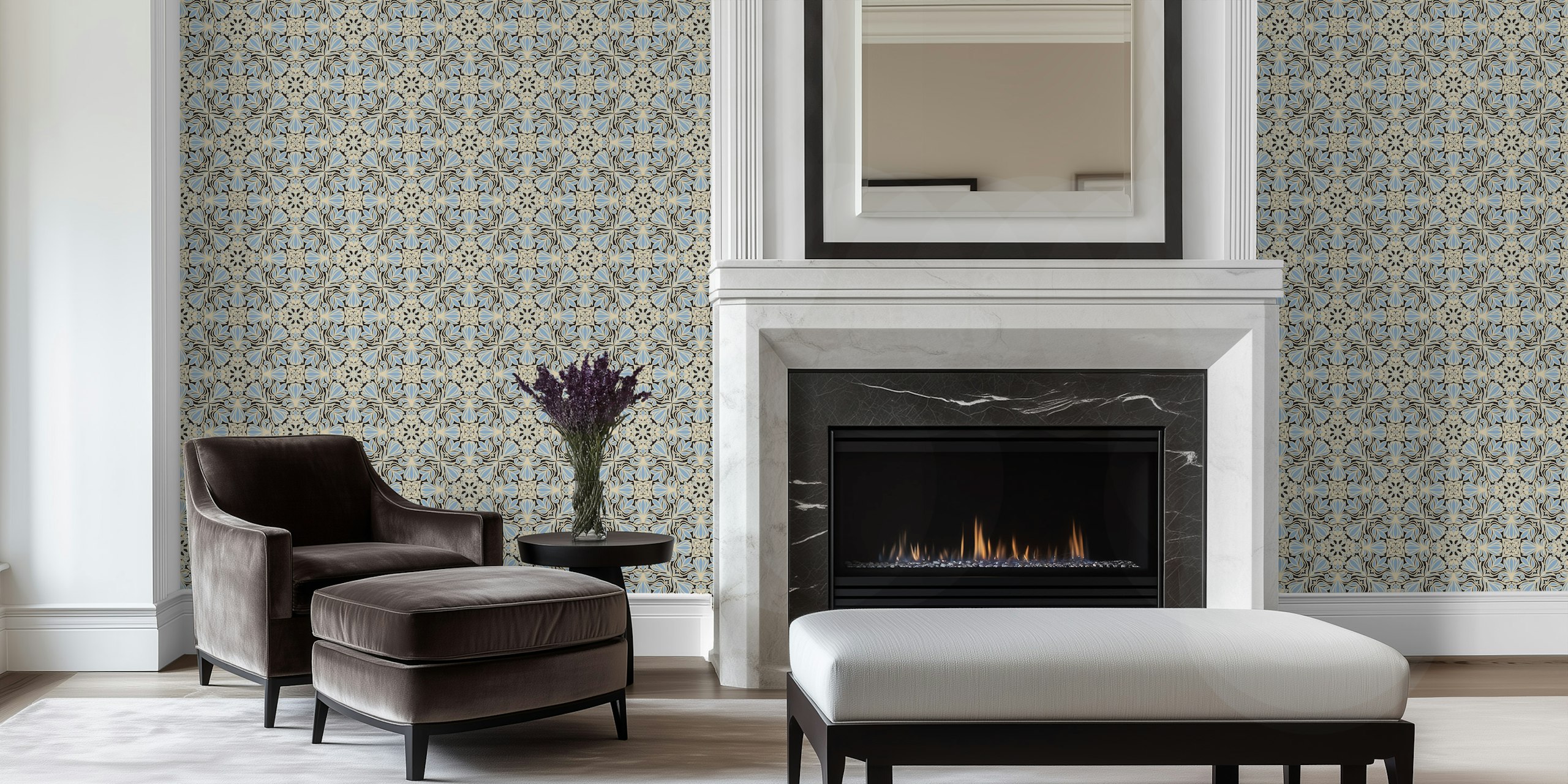 Floral pattern wallpaper featuring black and light blue colors in an elegant design
