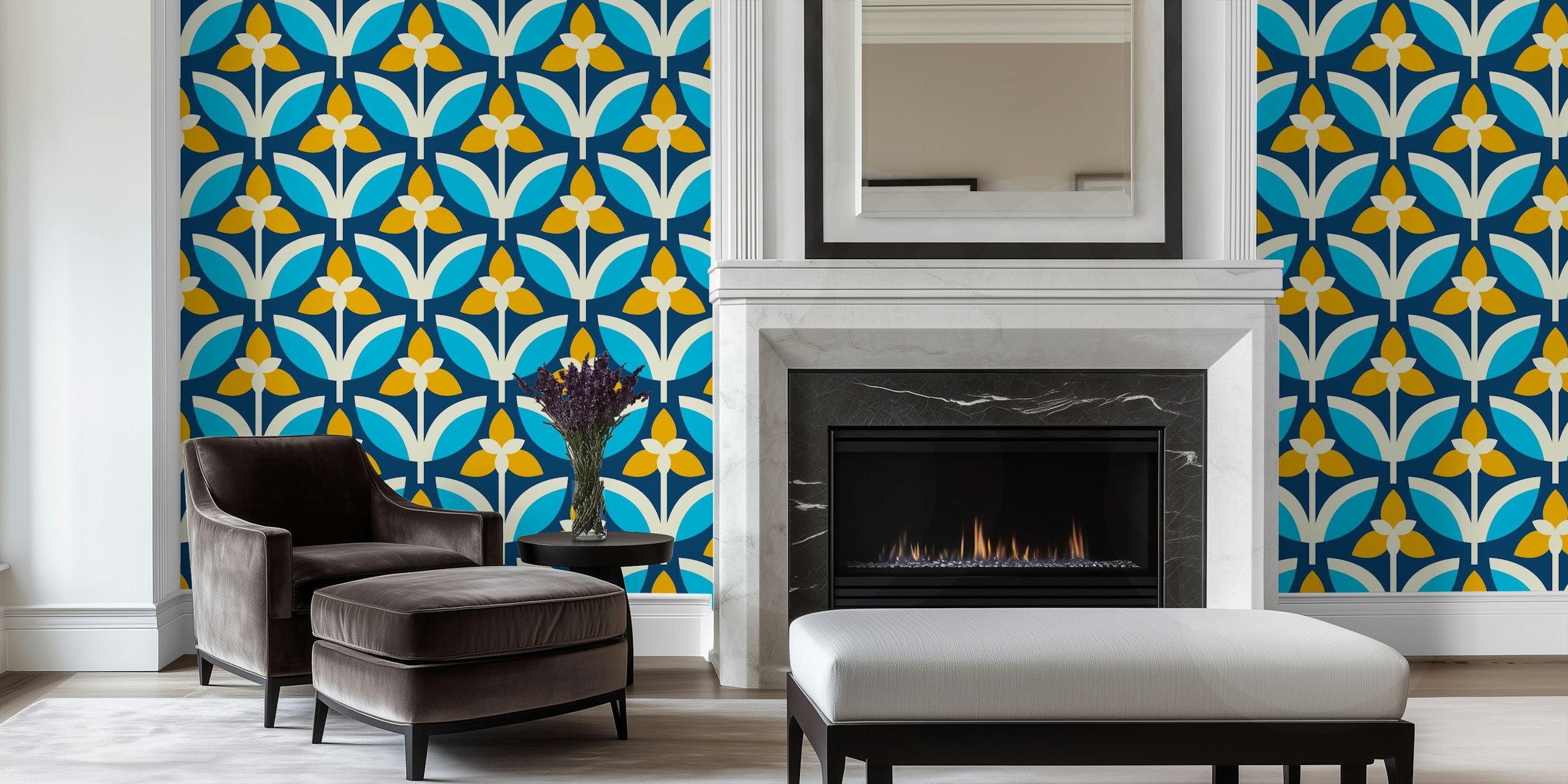 Blue and yellow floral patterns on a navy background wallpaper