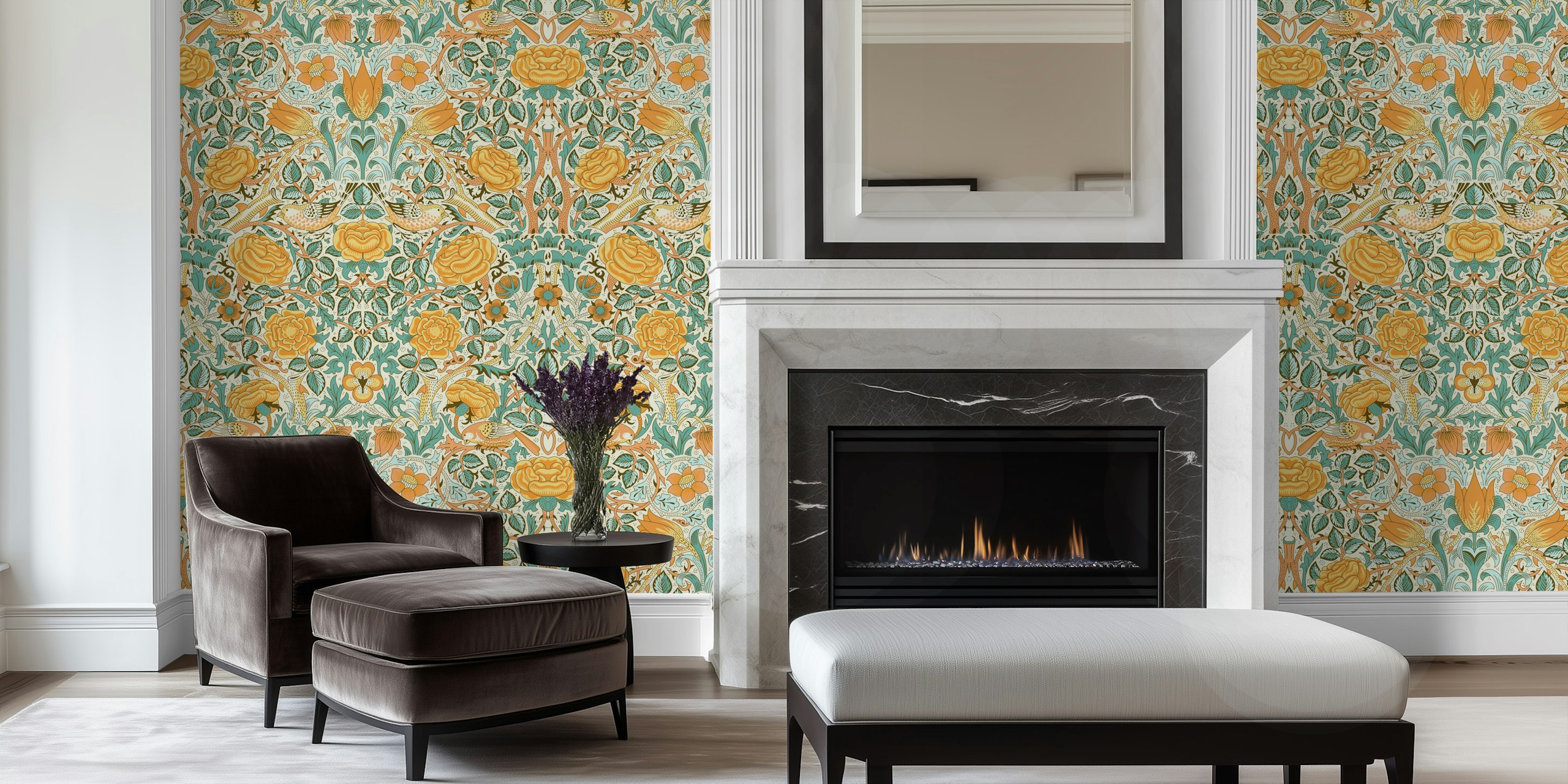 Victorian rose and floral design in gold and blue wallpaper