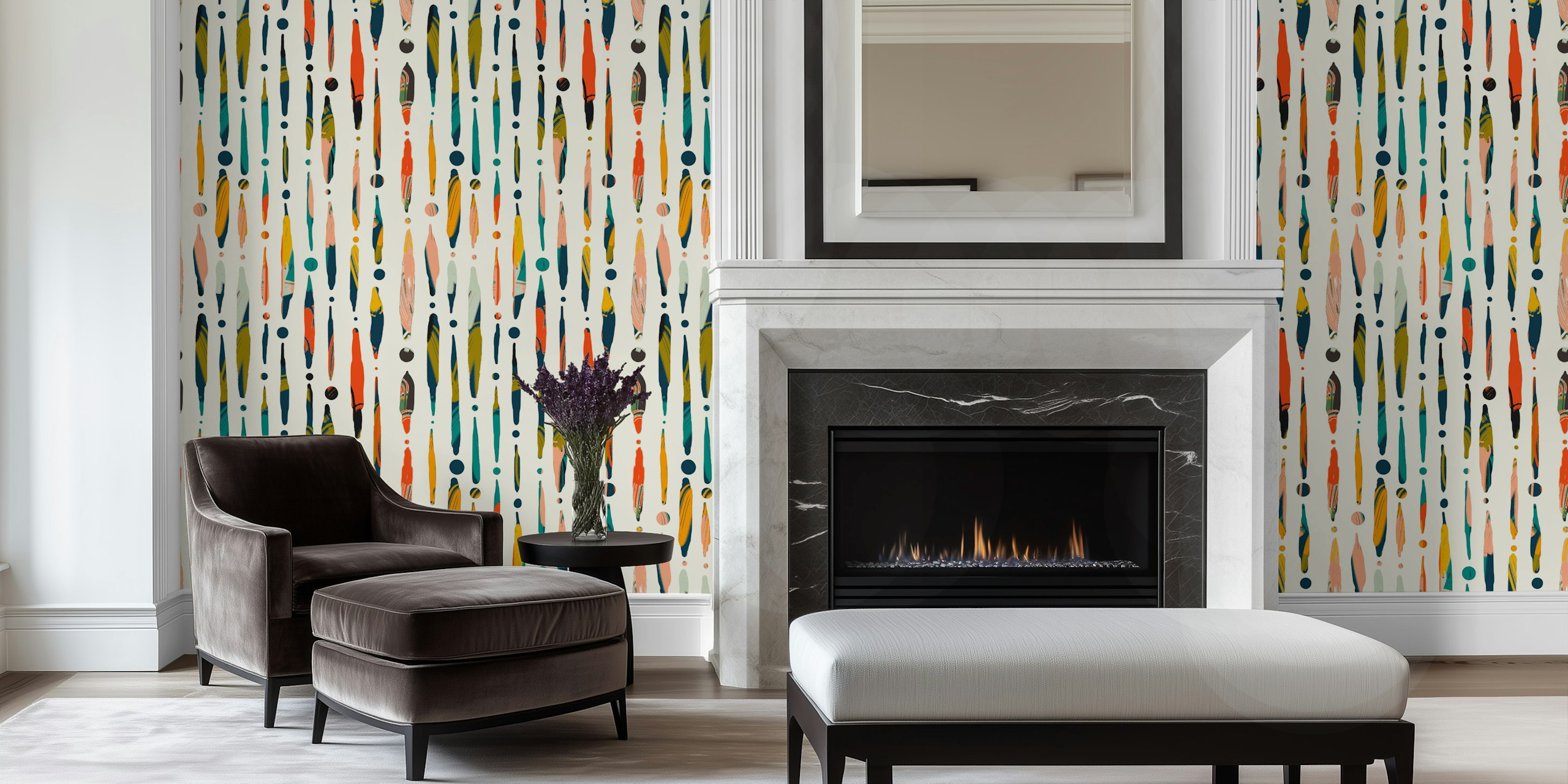 Abstract colorful dripping lines with dots in shades of orange, teal, pink, and black wallpaper