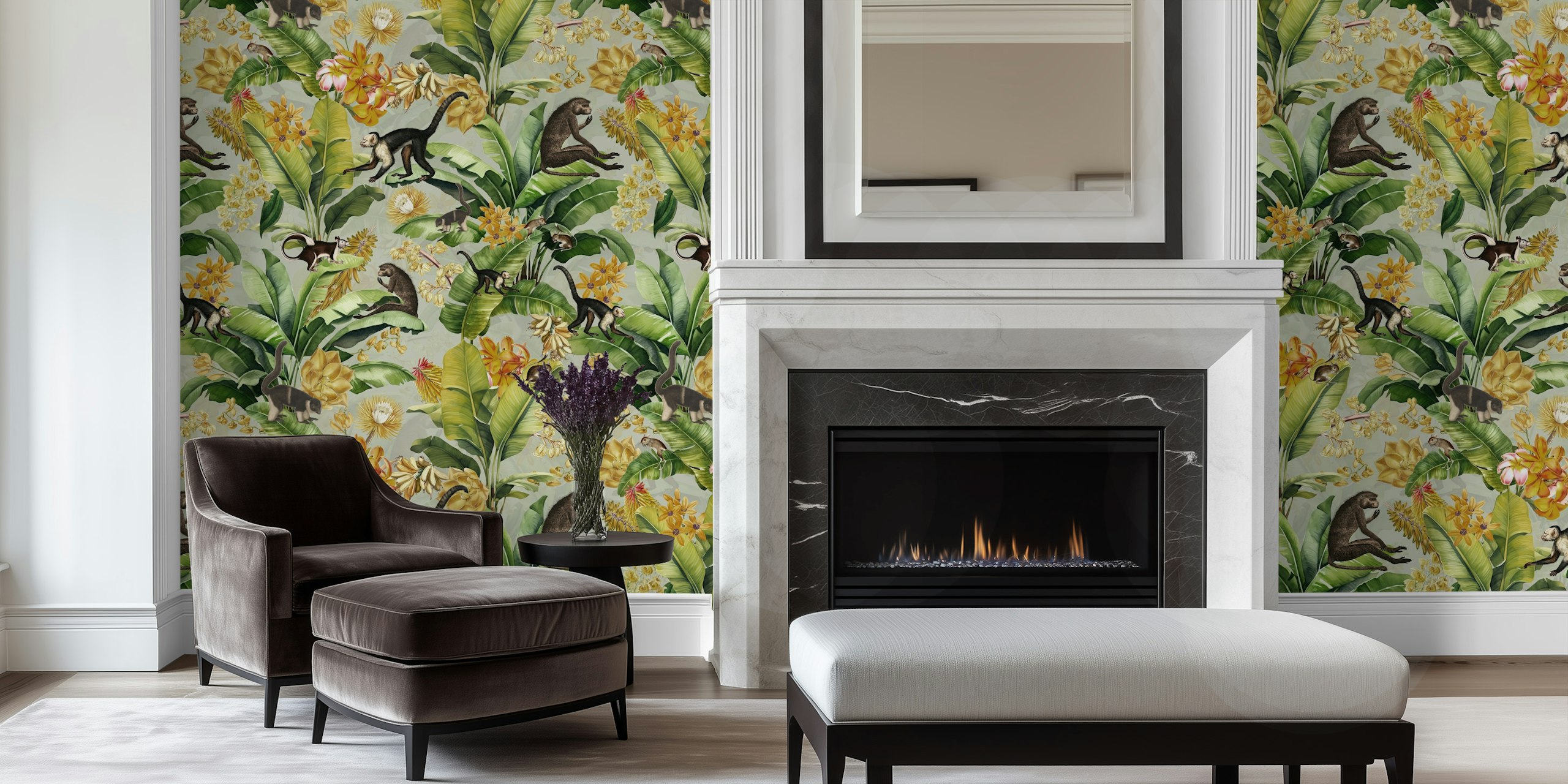 Vintage monkey wallpaper in a tropical setting