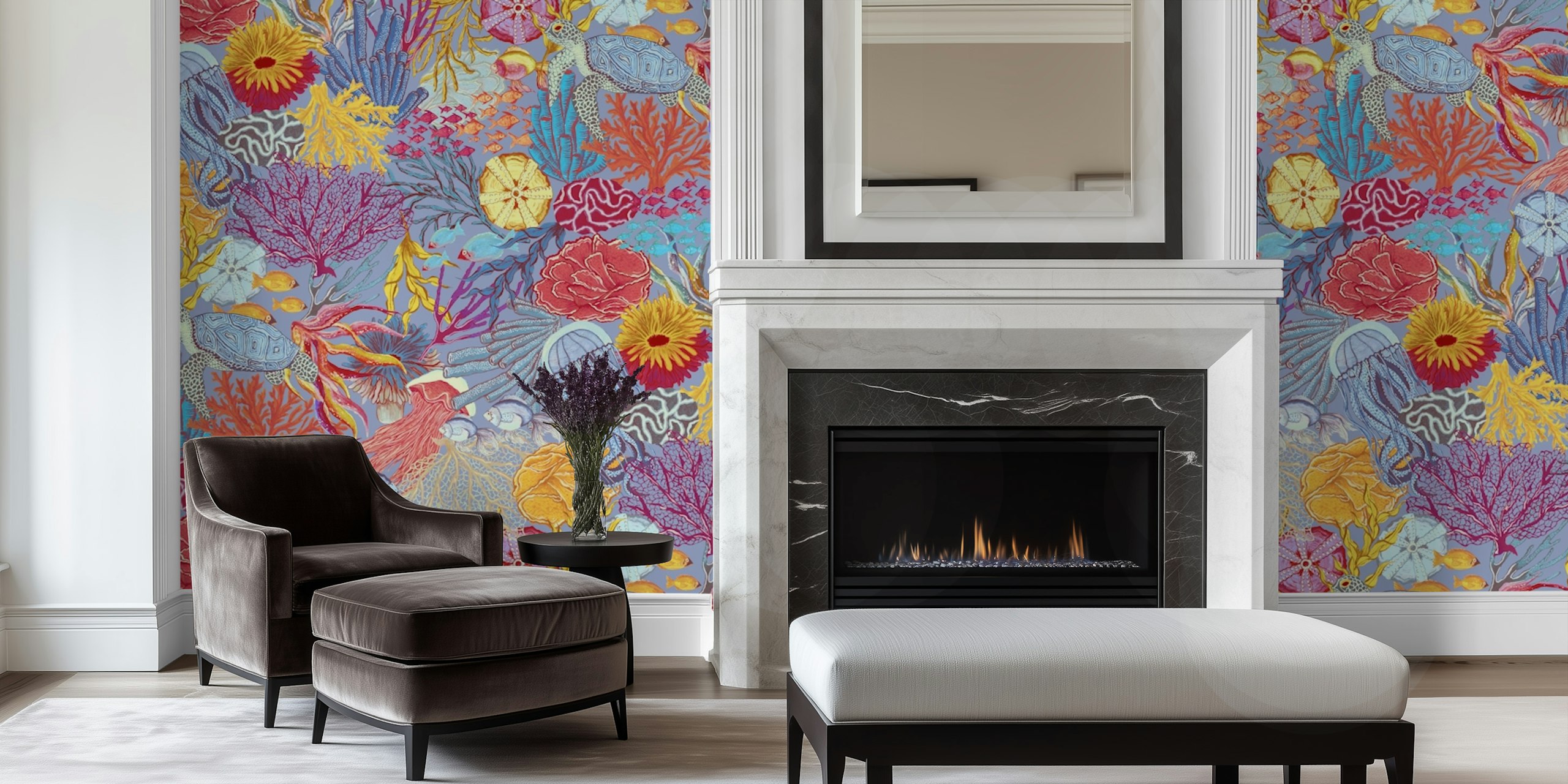 Colorful ocean-themed wallpaper design in a room