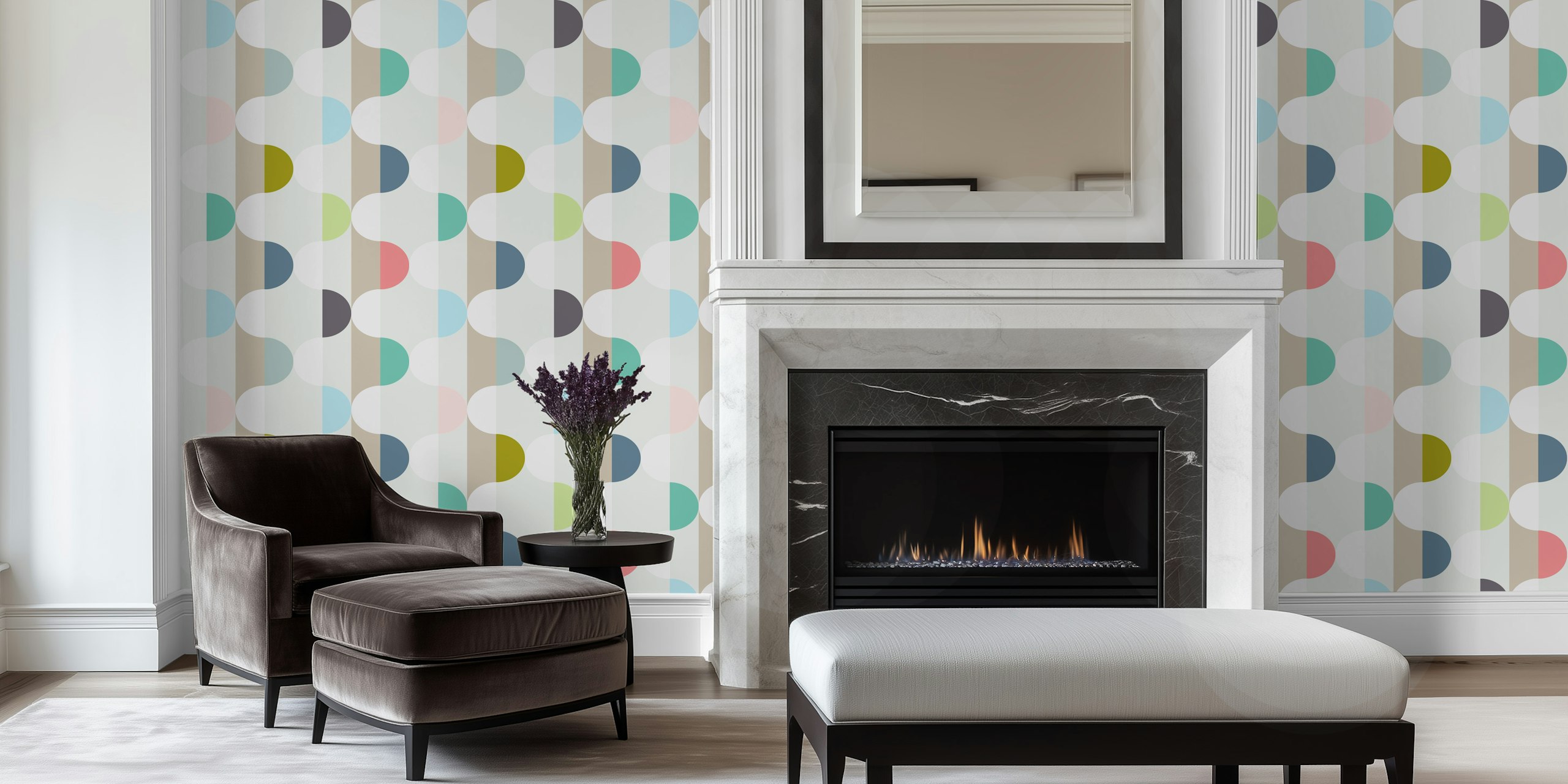 City life facade soft colors behang in een kamer