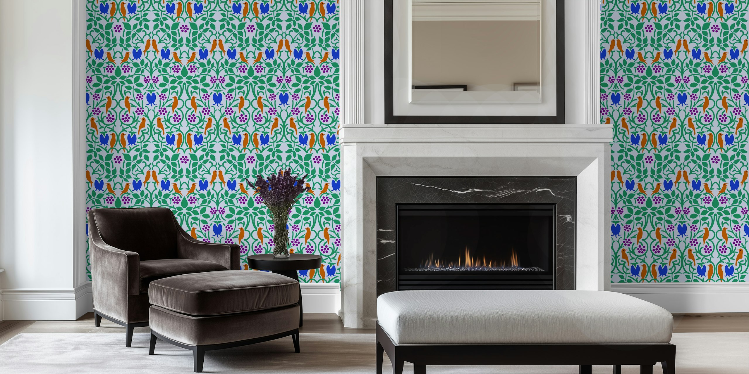 Vintage pattern wallpaper avec des oiseaux et des baies