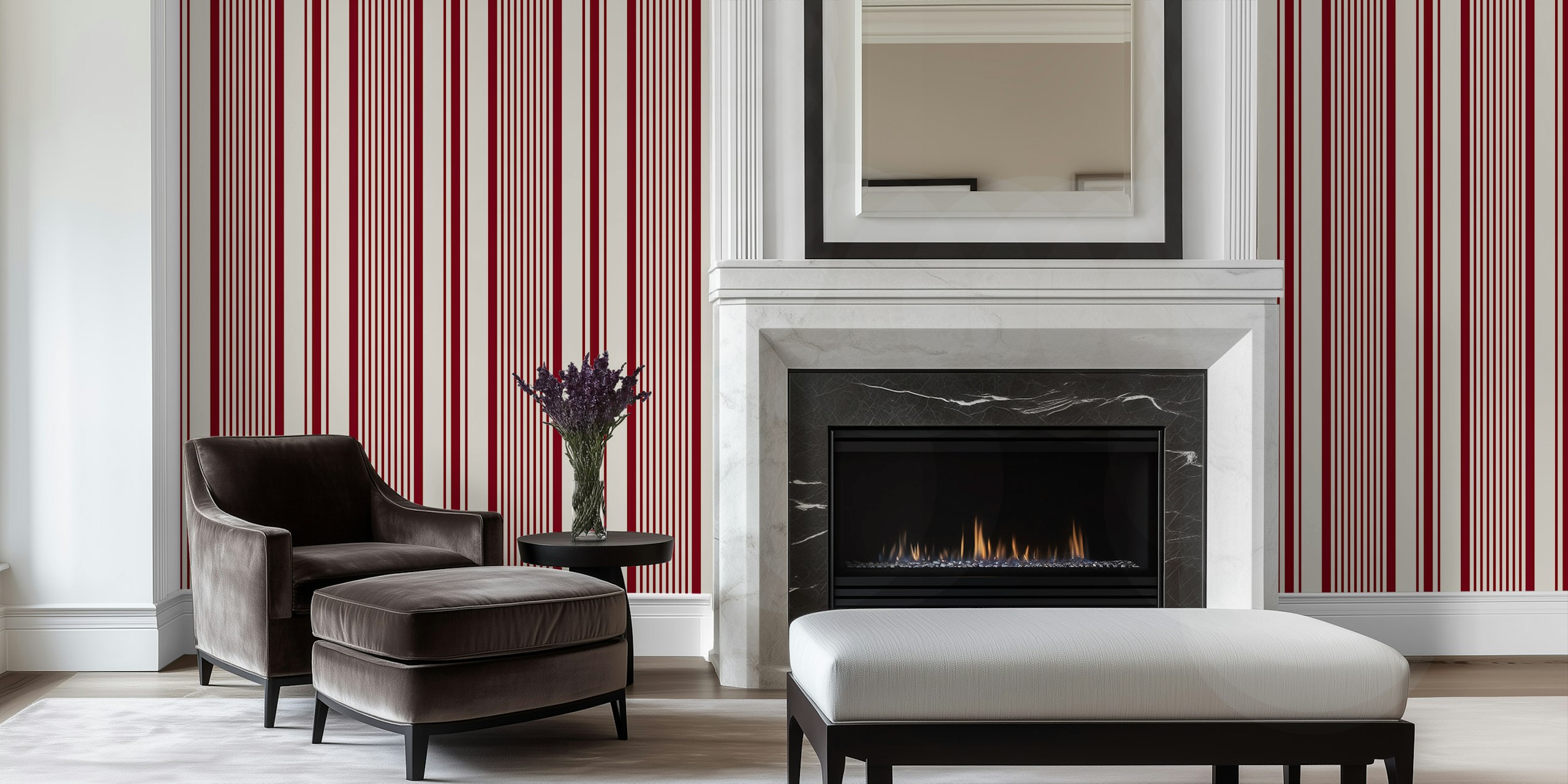 Dark red and burgundy striped wallpaper in a room