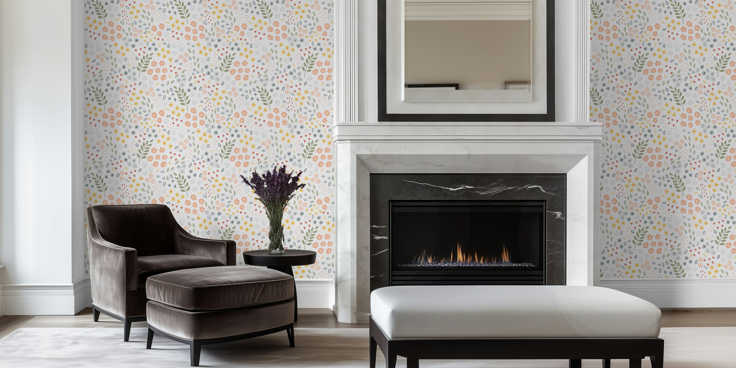 Flowing floral wallpaper in a room