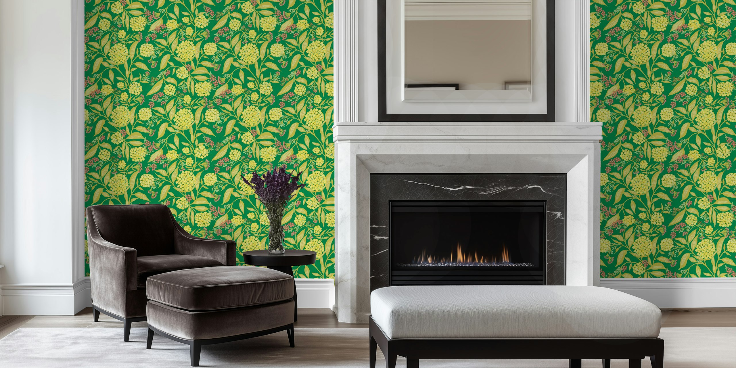 Floral design with yellow blooms and green leaves wallpaper