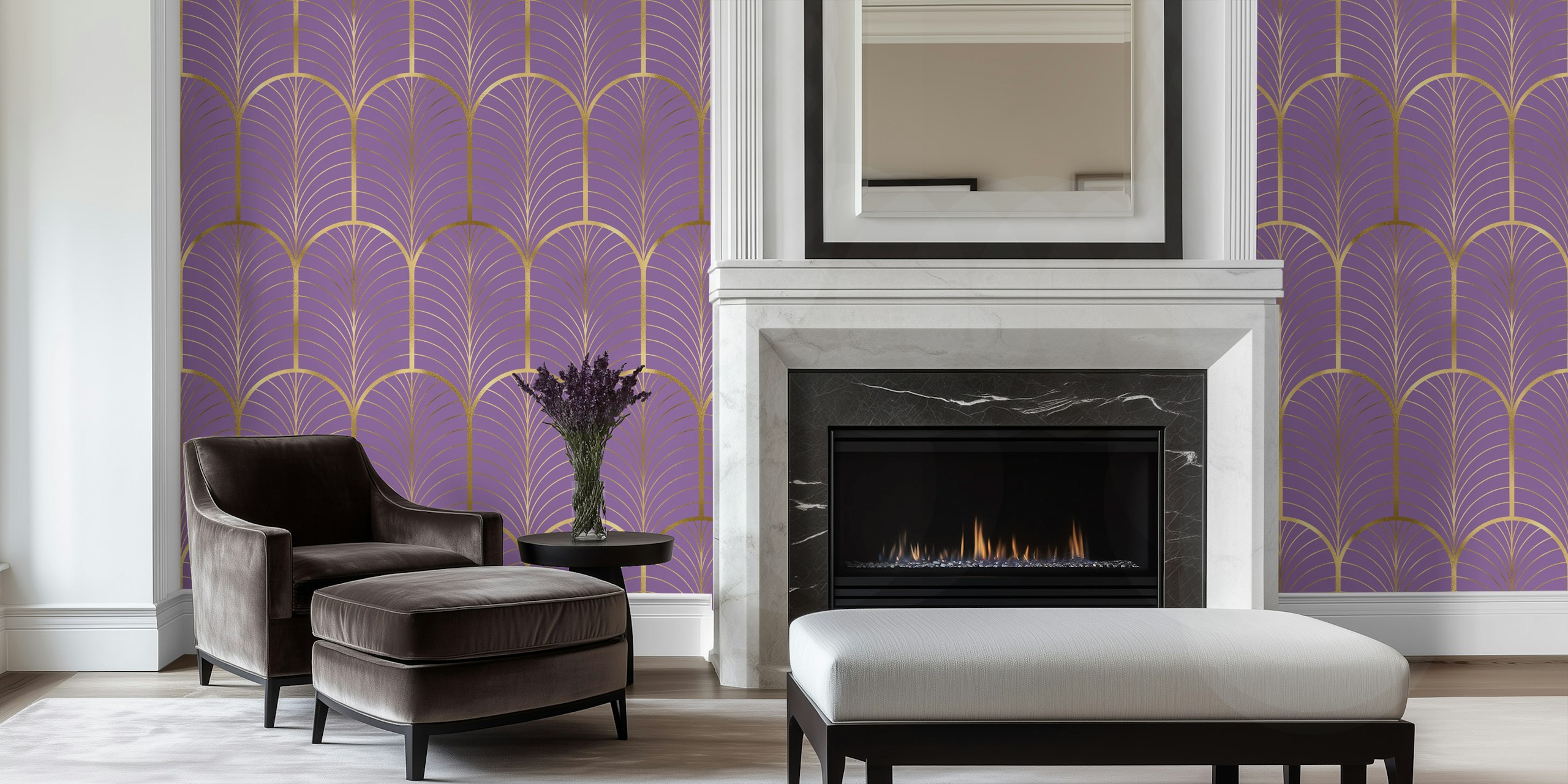 Art Deco gold και purple ταπετσαρία σε ένα δωμάτιο