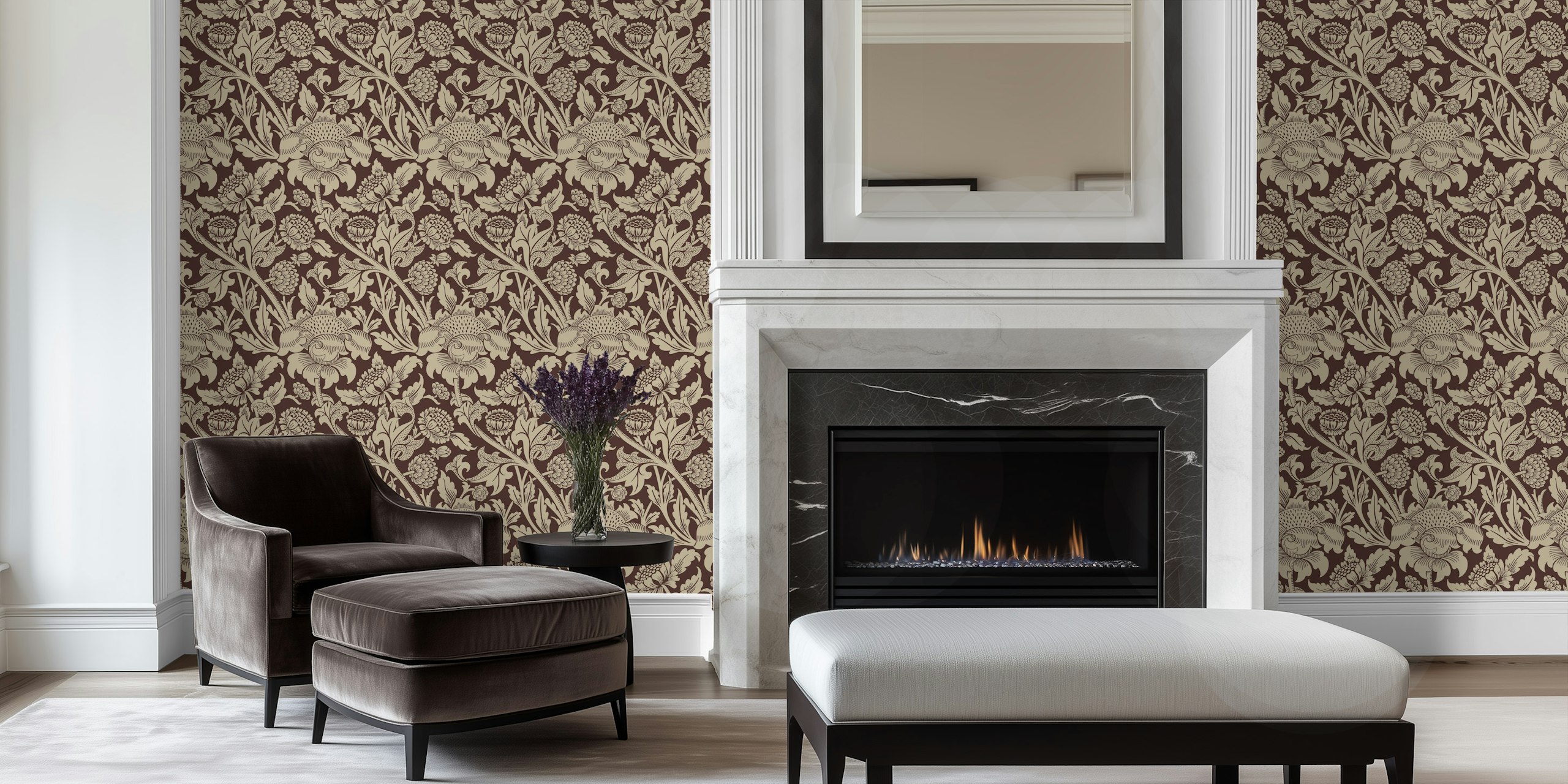 Brown floral pattern wallpaper featuring intricate designs