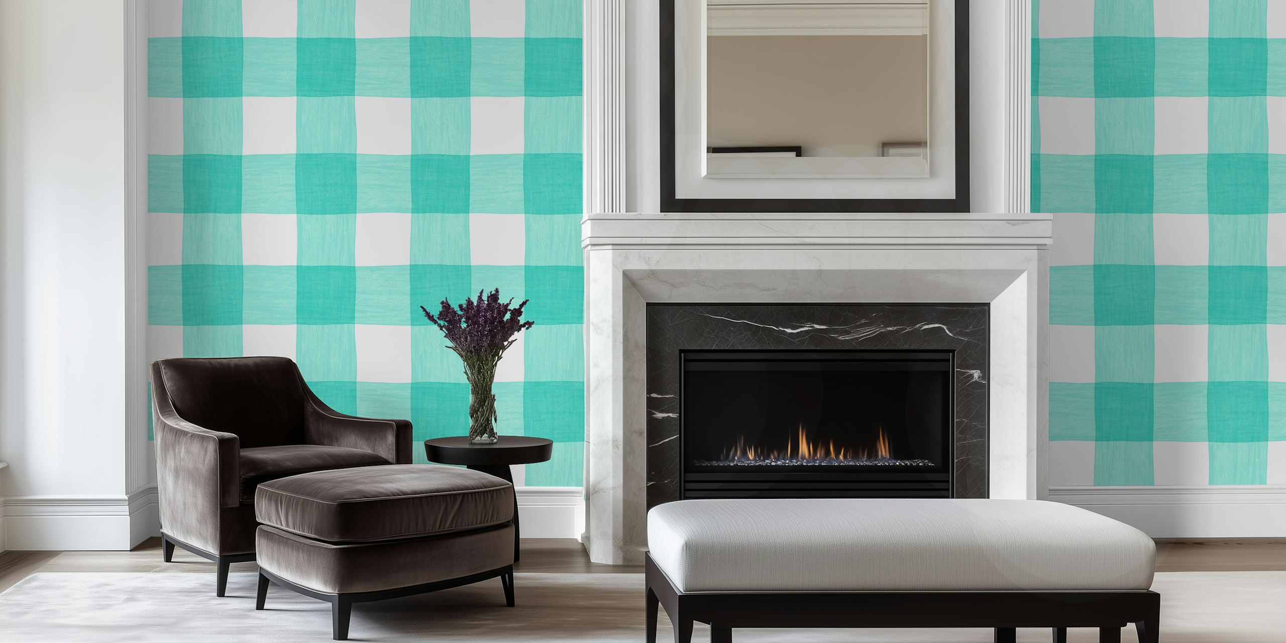 Mint green and white gingham pattern wallpaper
