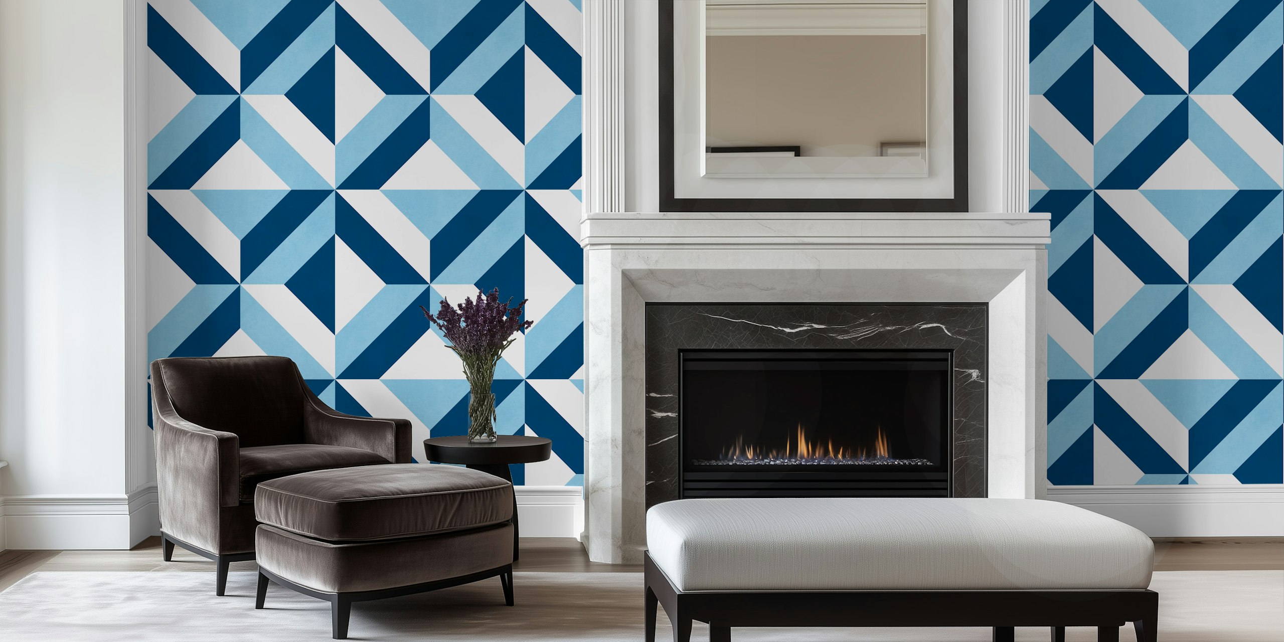Blue geometric pattern in shades of navy and light blue wallpaper