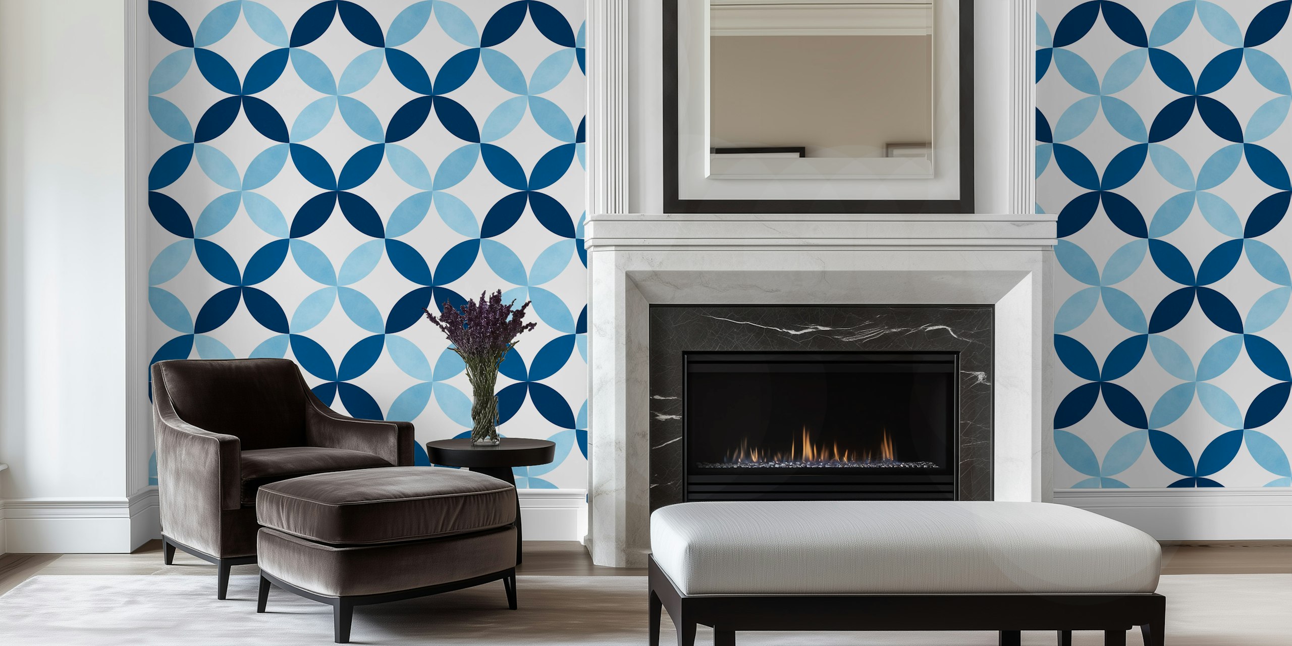 Blue geometric pattern wallpaper in a room