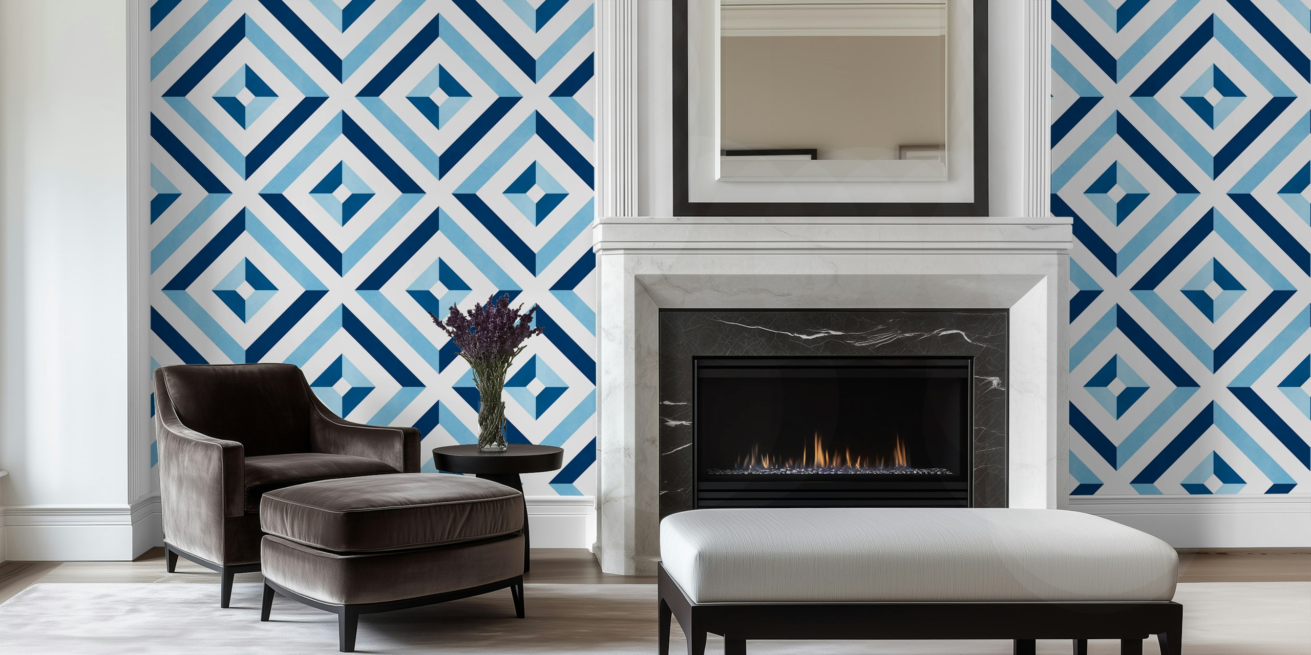Blue geometric pattern wallpaper in a room