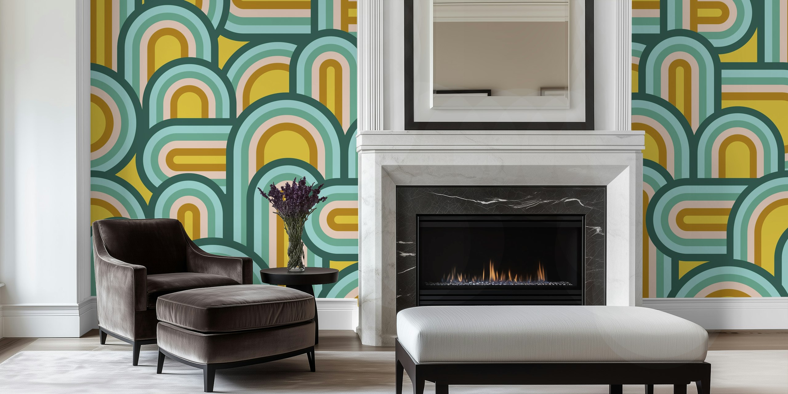 Mural de pared con líneas arqueadas de colores que representa un diseño de arcoíris luminoso