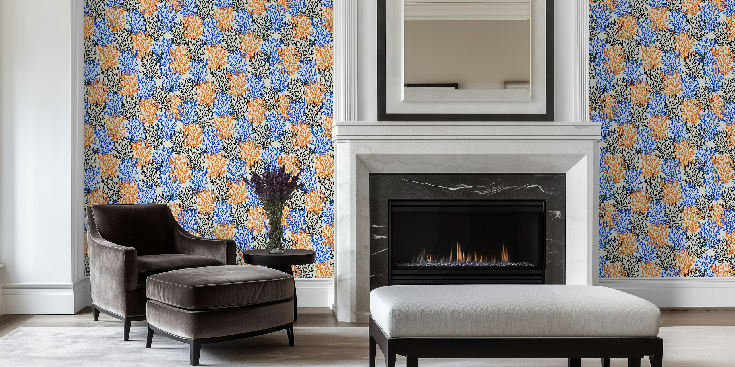 Colorful floral pattern in blue, orange, and black on cream background wallpaper