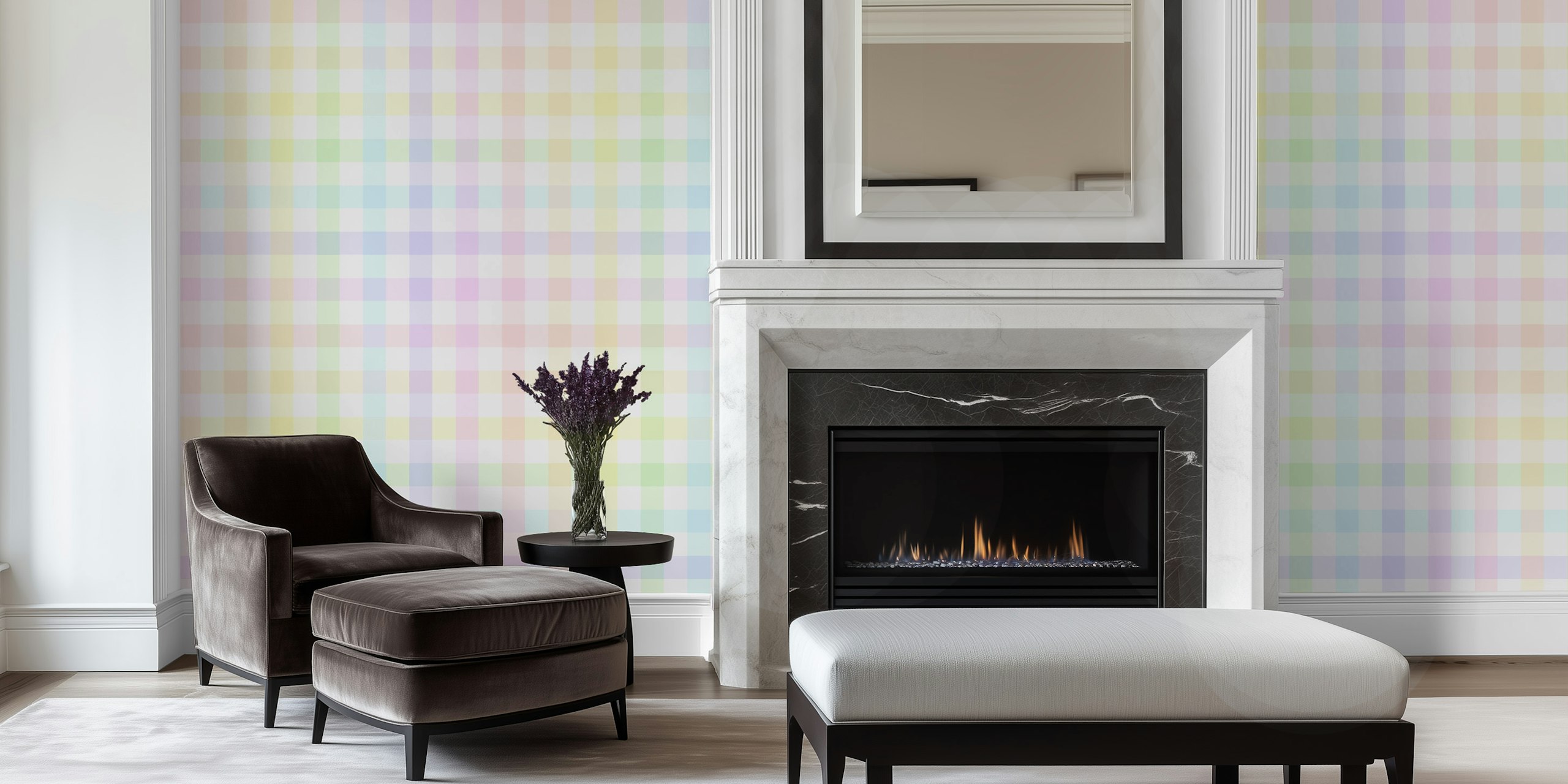 Pastel rainbow gingham wallpaper in a room