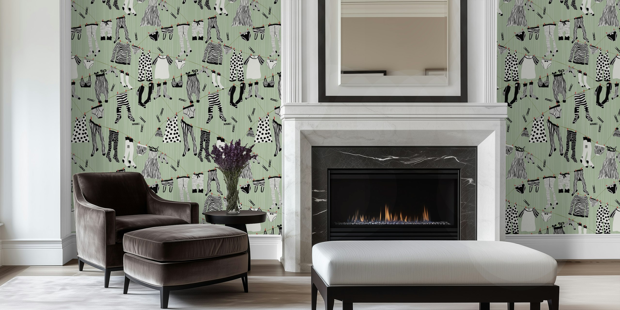 Laundry room wallpaper with black and white hanging clothes on a sage green background
