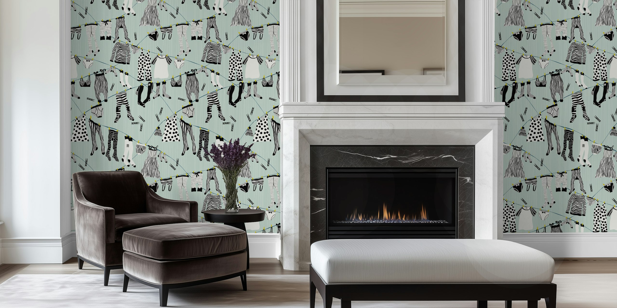 Mint laundry room wallpaper s visećom odjećom