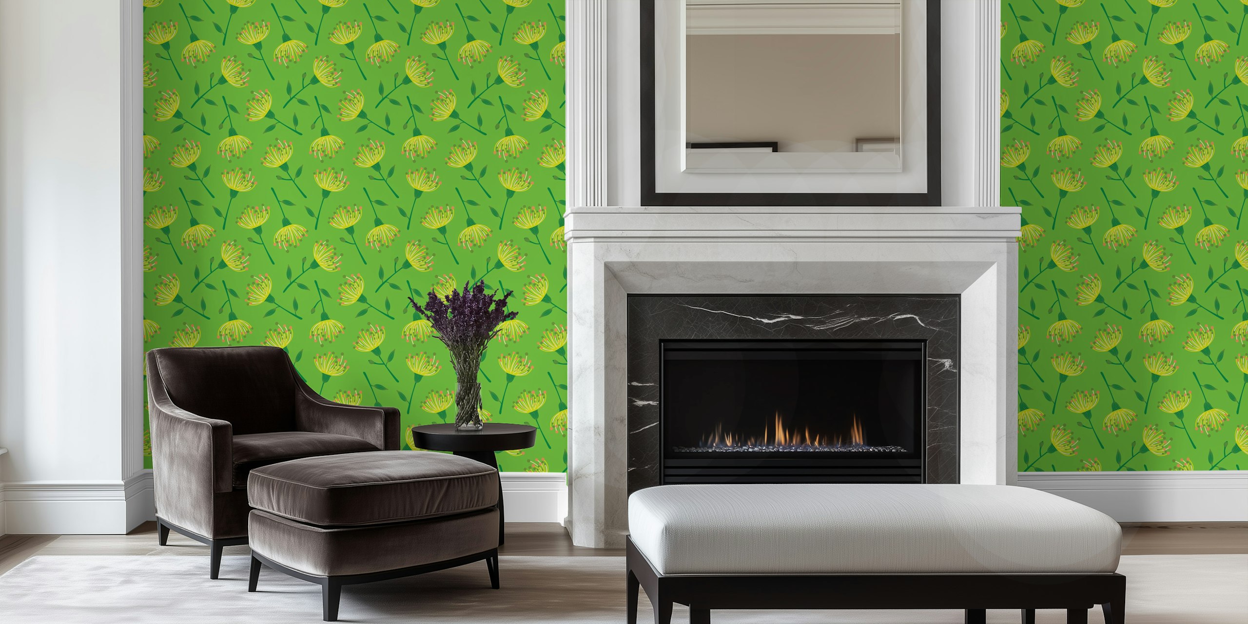 Eucalyptus floral design with pink and green flowers on lime green wallpaper