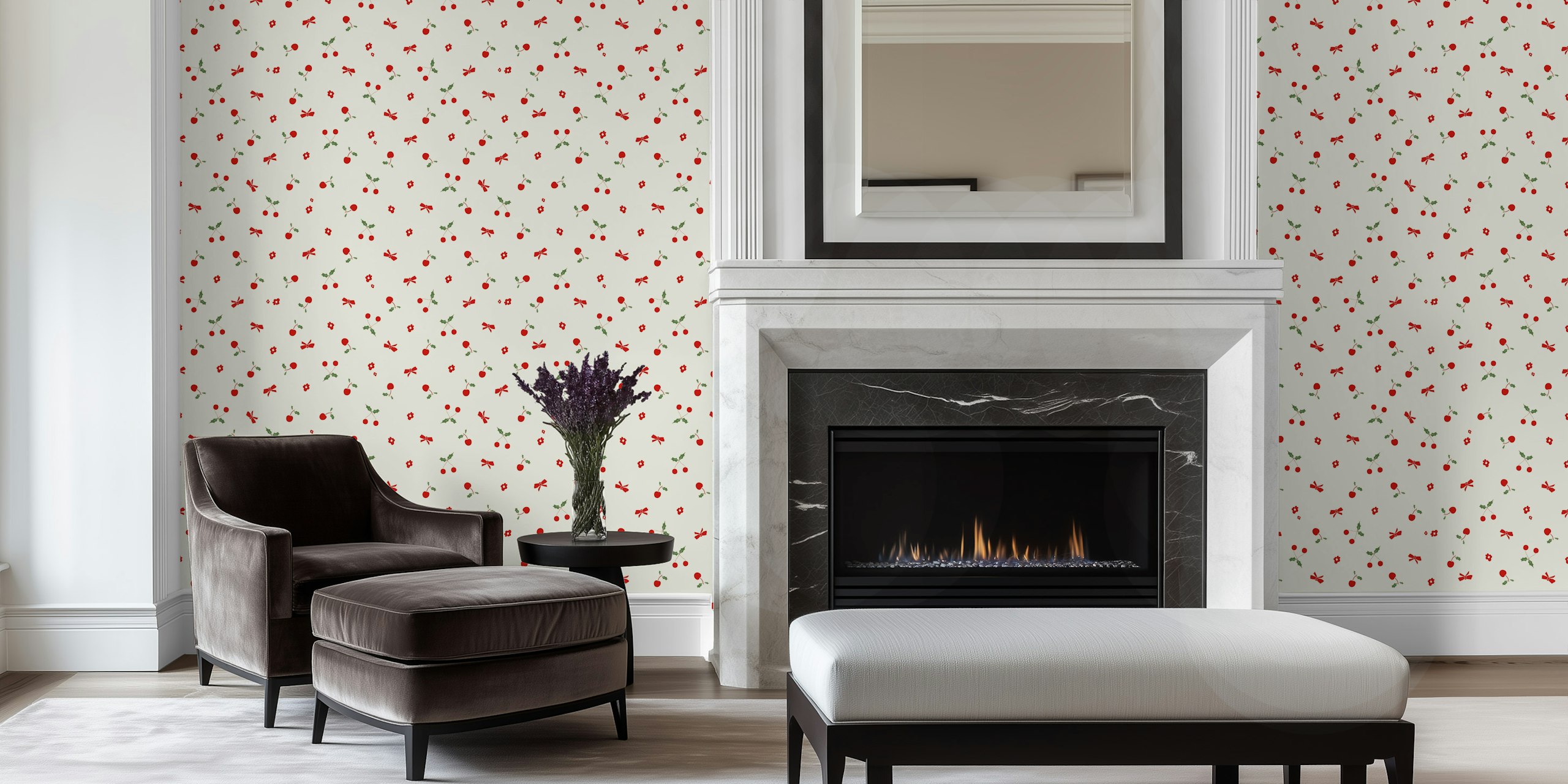 Christmas little floral and cherry pattern wallpaper