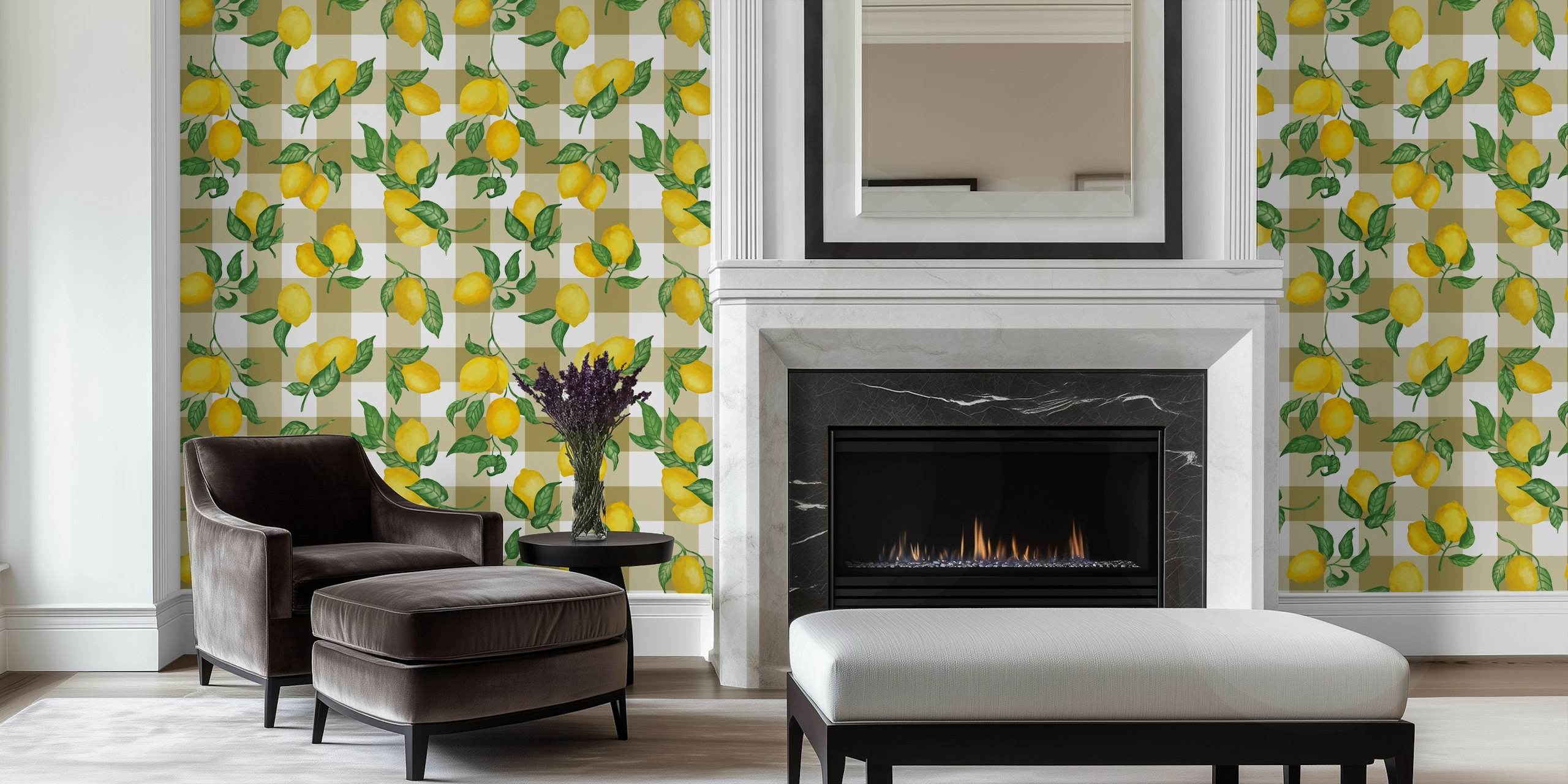 Lemon branches with green leaves on a bronze gingham background wallpaper