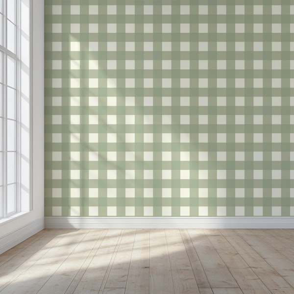 Warm sage green and cream gingham check