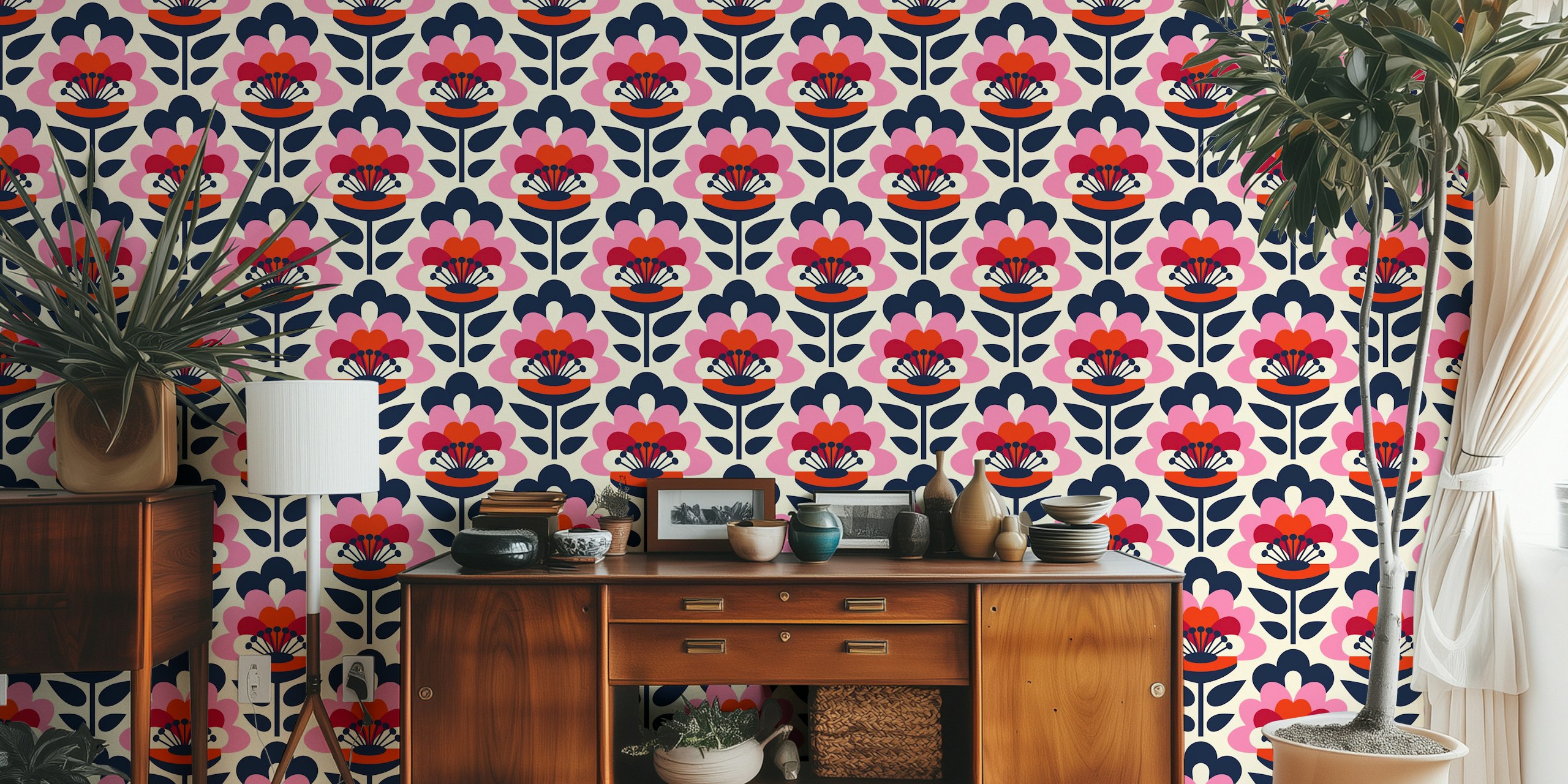 Sixties Flower Power carta da parati rossa rosa