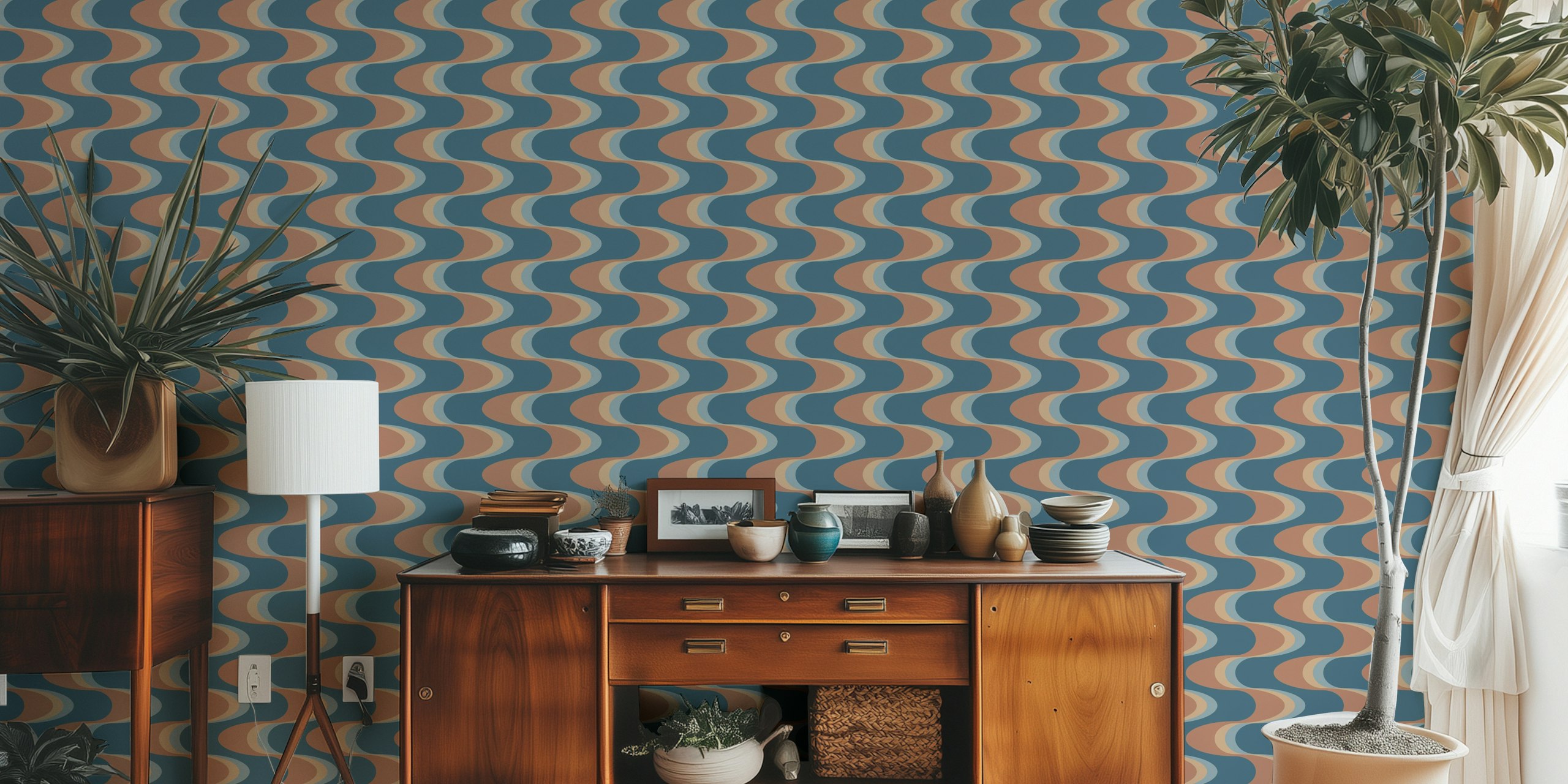Retro wavy stripes in mocha, blue and light cream wallpaper