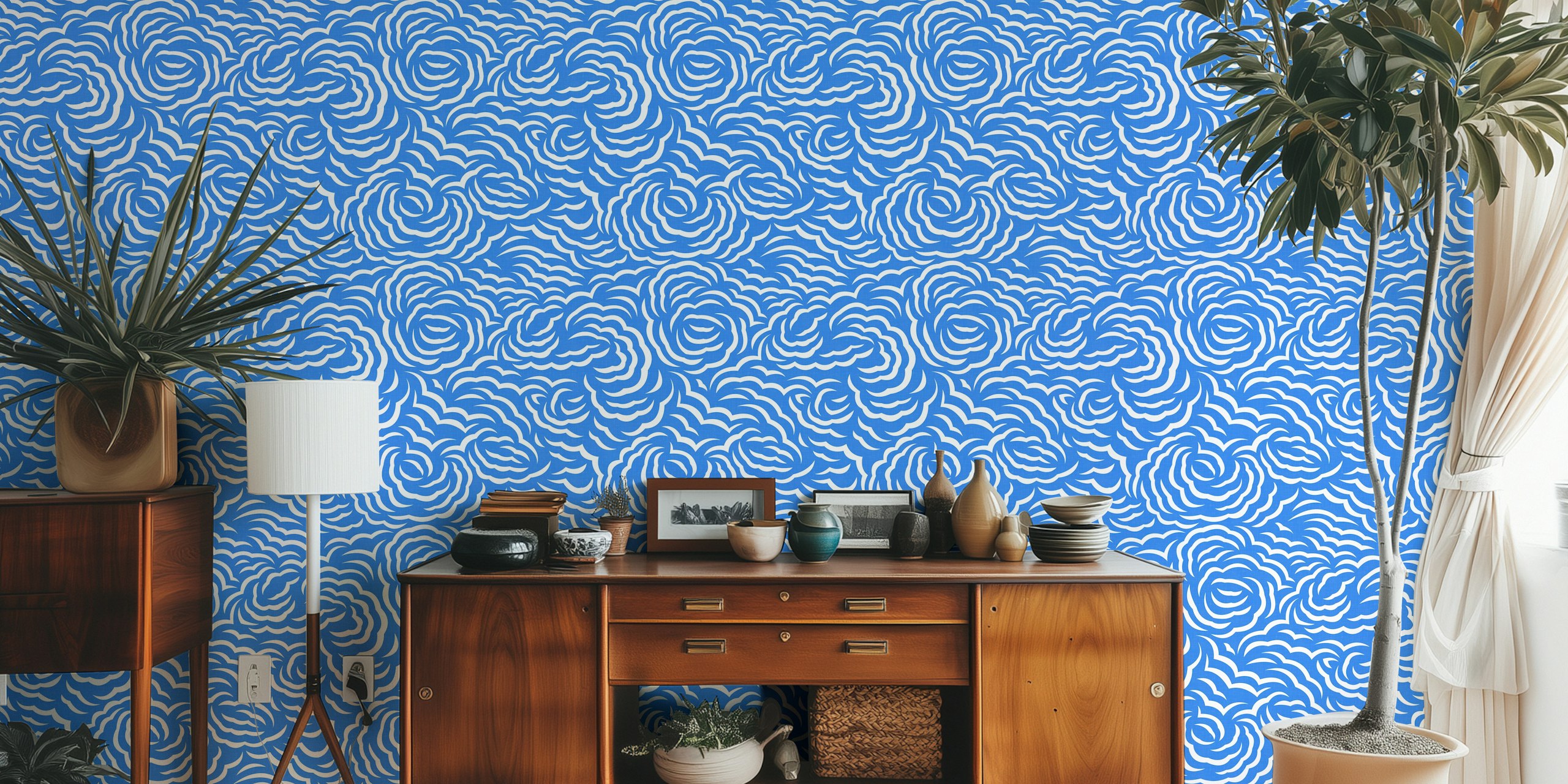 Flowery Clouds Azure Blue WM in una stanza