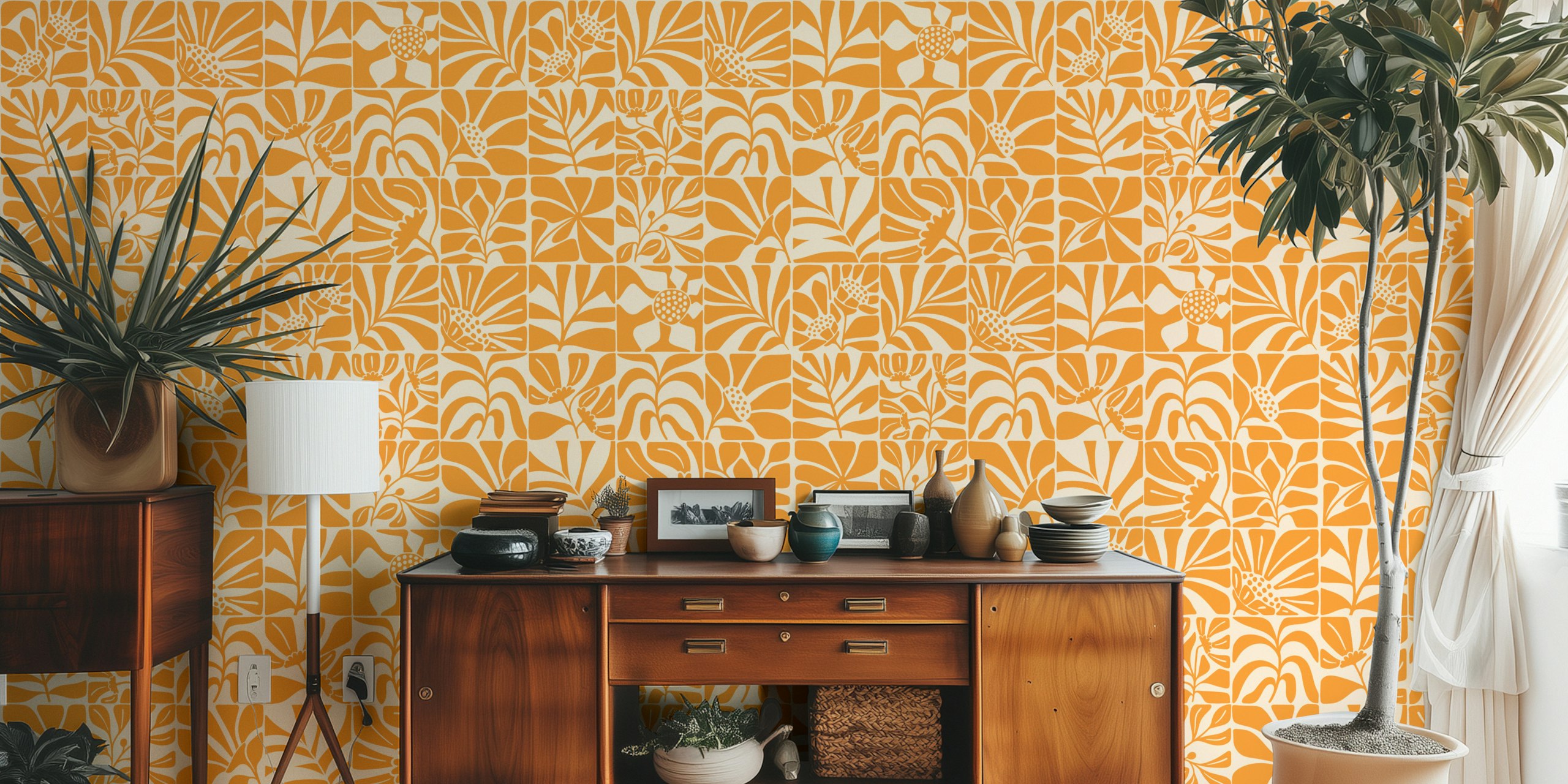 Minimalist Floral Tiles Yellow papel pintado en una habitación