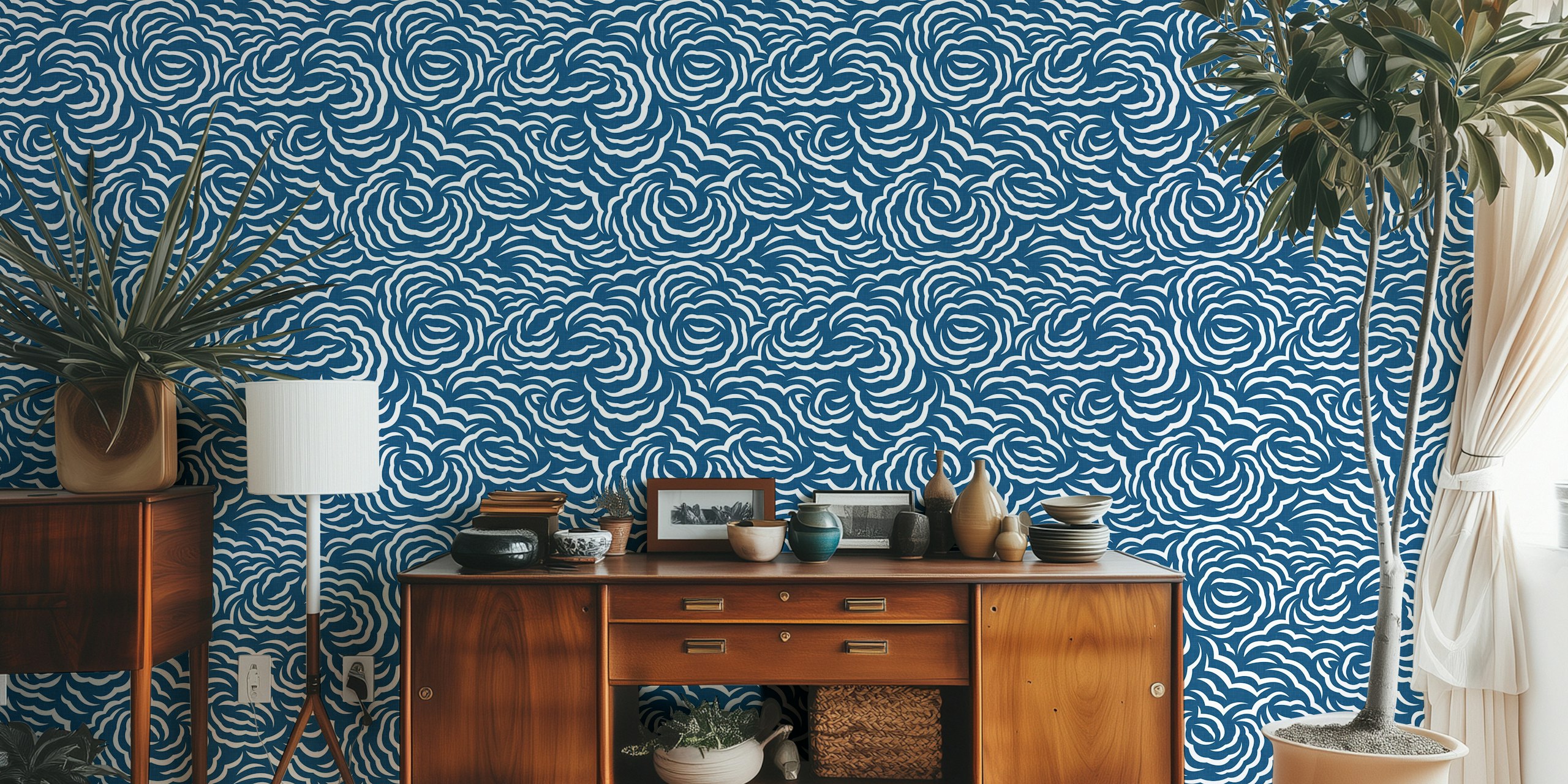 Flowery Clouds Ocean Blue wallpaper in a room