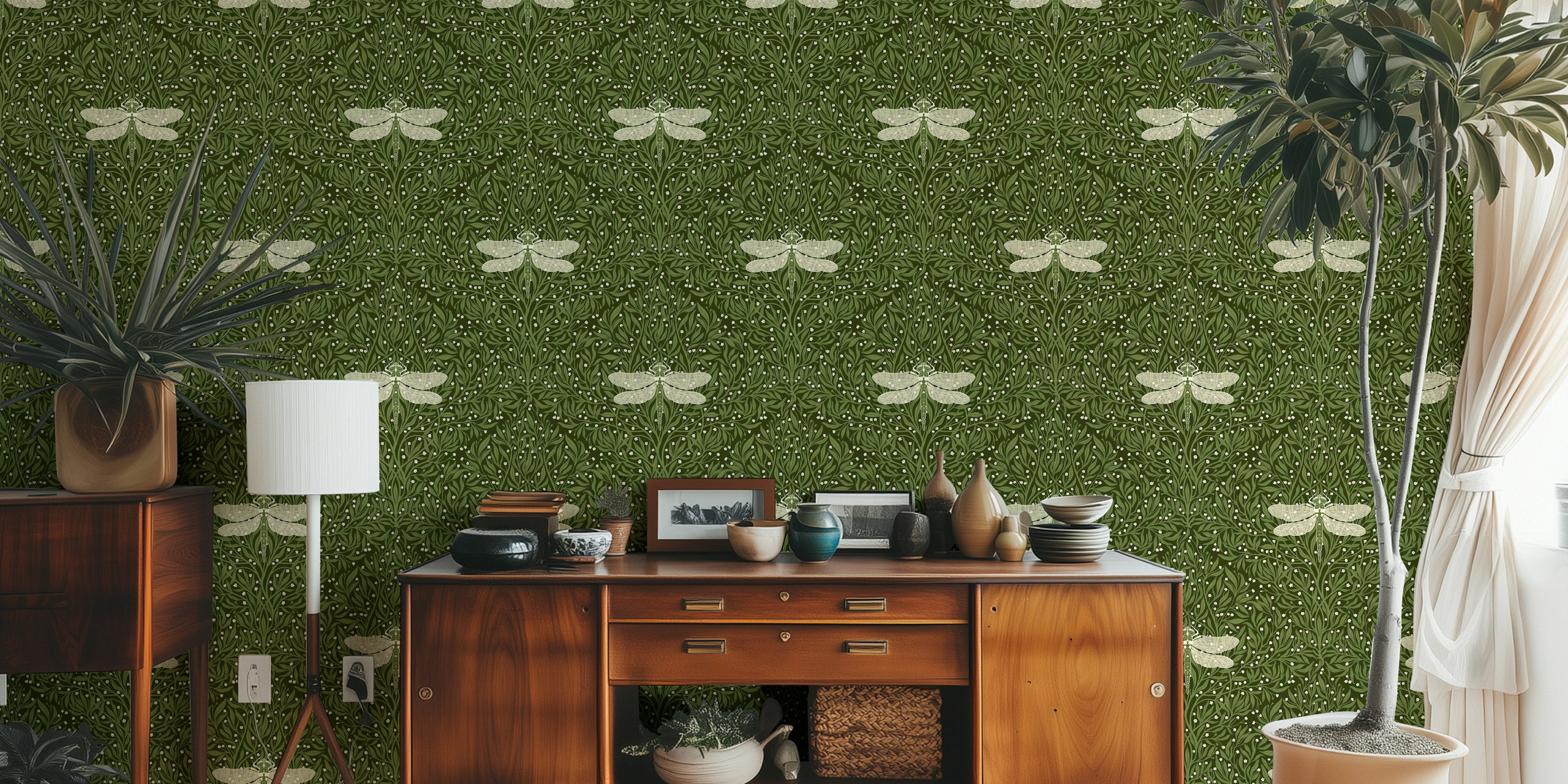 Leaves and flowers wallpaper in a room